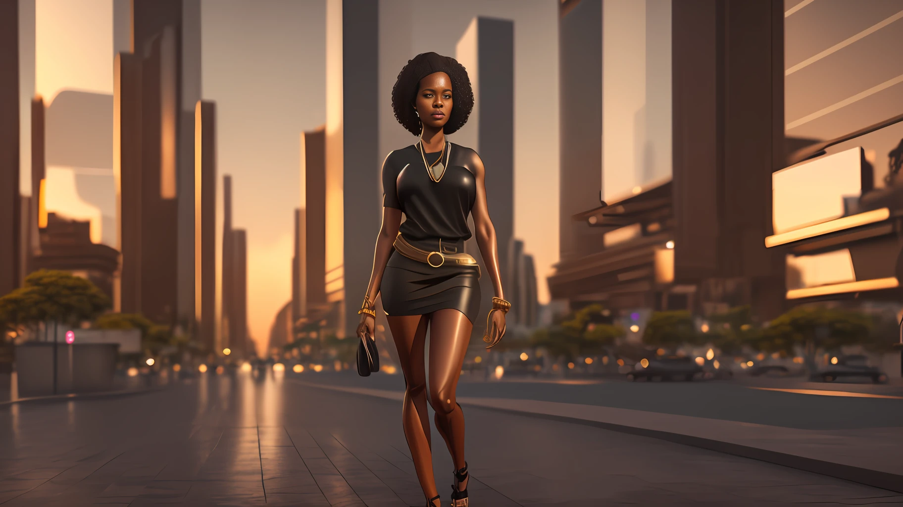 Uma mulher caminhando , ((full body shot)), cgi, dslr, realismo fantástico, city background, casual outfit, bronzepunk, black woman, 3d, cinematográfico, golden hour
