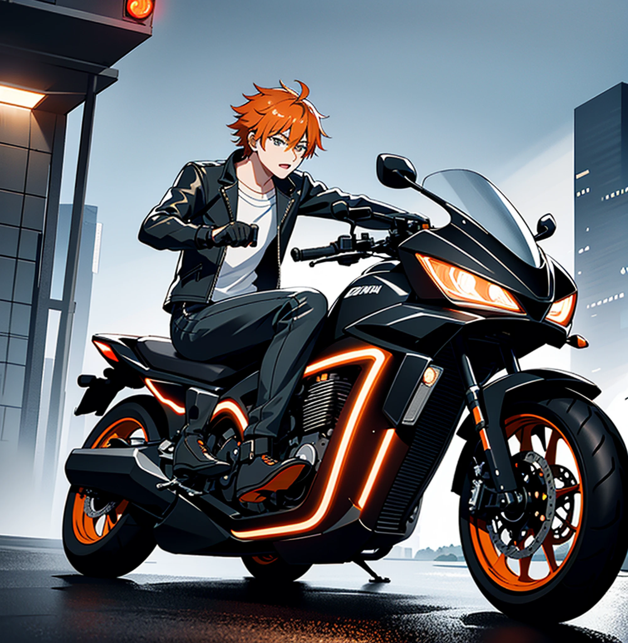 1boy, orange hair, black leather jacket, rain, land vehicle, helmet, mecha, motor vehicle, motorcycle, on motorcycle, vehicle focus, wheel, night, road, street, rain, city, puddles, 8k, ultra realistic, lens flare, atmosphere, brightness, detailed, intricate, full of color, cinematic lighting, trend in artstation, 4k, hyper-realistic, focused, extreme details, unreal engine 5, cinematic, masterpiece, best quality