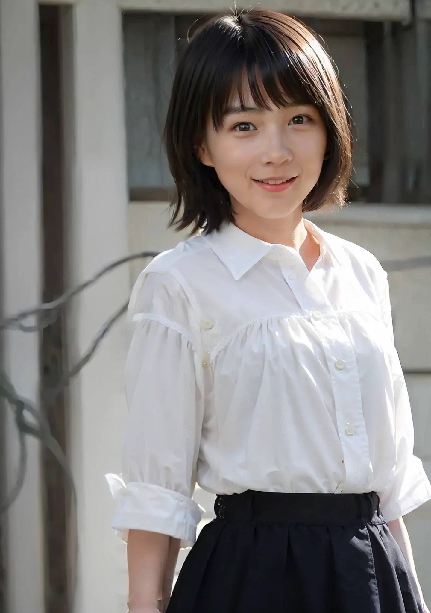 Masterpiece, top quality, official art, highly detailed CG Unity 8K wallpaper, like a schoolgirl, very delicate and beautiful, ultra high resolution, (photorealistic: 1.4), golden hour lighting, (upper body), (platinum shorthair: 0.8), (puffy eyes), looking at the viewer, facing the front, smiling, JK skirt, white dress, Shirt Lift Long Black Hair