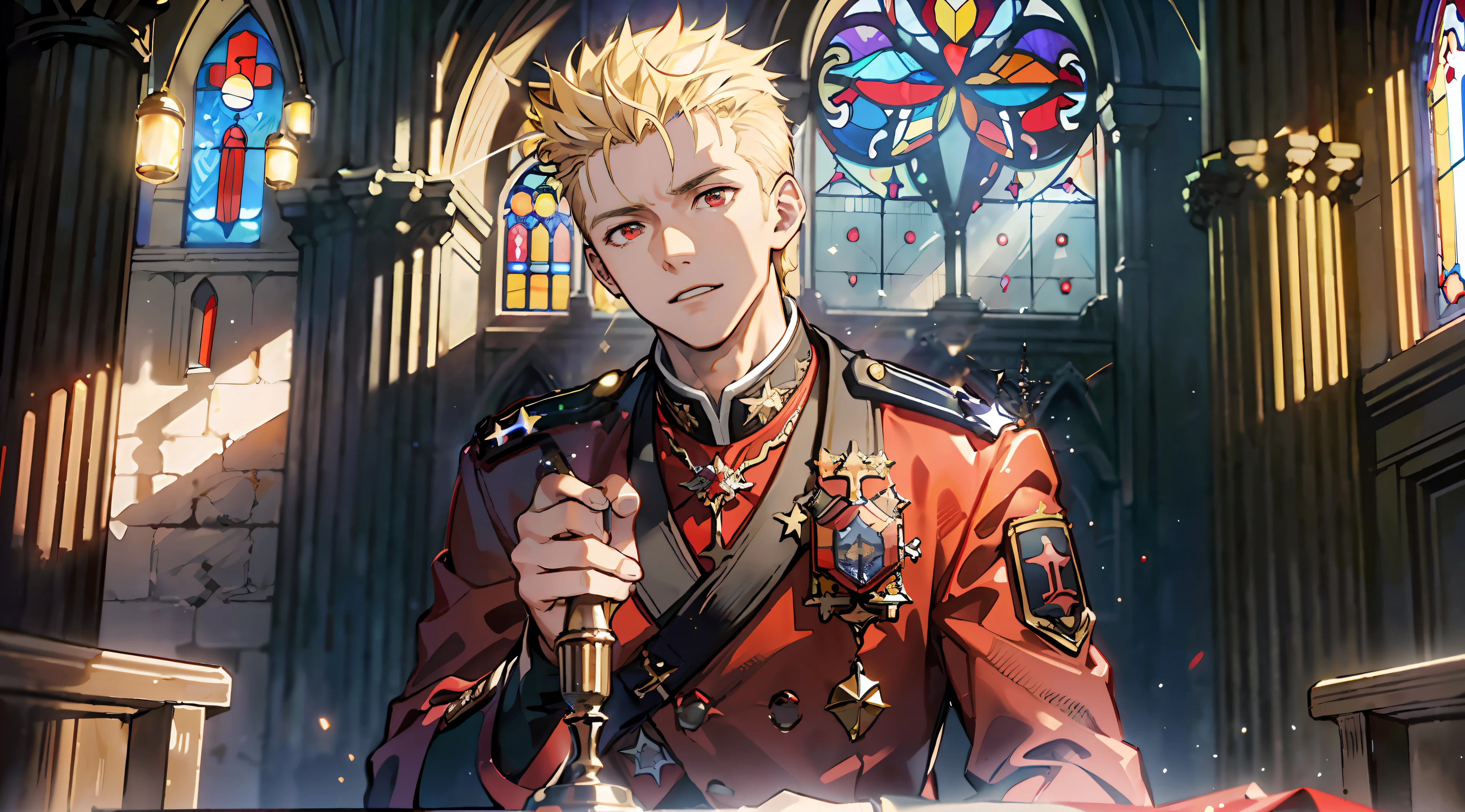 ((Masterpiece: 1.4, Best Quality)), (Short Blonde), Red Eyes, Military Uniform, (Church: 1.2), (Stained Glass: 1.3), One Young Man, Handsome, Pillar, Sky Cover, (Light Particles), (Moonlight Coming Through the Window), Dark Atmosphere, Sitting on a Chair