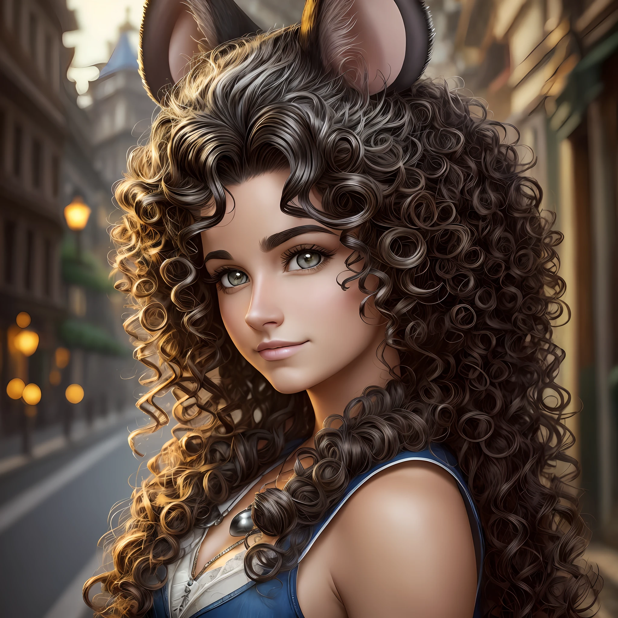there is a woman with a brazileiro skunk and a brazileiro skunk on a street, brazileiro skunk - girl, realistic fantasy photography, hairy brazileiro skunk, hyper realistic skin, inspired by Frieke Janssens, an anthropomorphic mouse, hyperrealistic fantasy art, marmoset render, photo manipulation, big hair, photorealistic disney, anthropomorphic mouse, curly hair --auto --s2