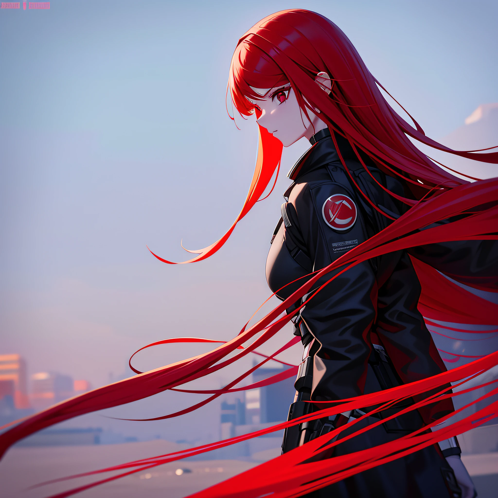 a girl with long red hair who wears technological prosthetics for her body, ela esta segurando uma katana sci-black fi with bright red blade and should be with a serious look on your face, ela esta parada em meio a uma rua destruida durante uma tempestade, arte de anime detalhada