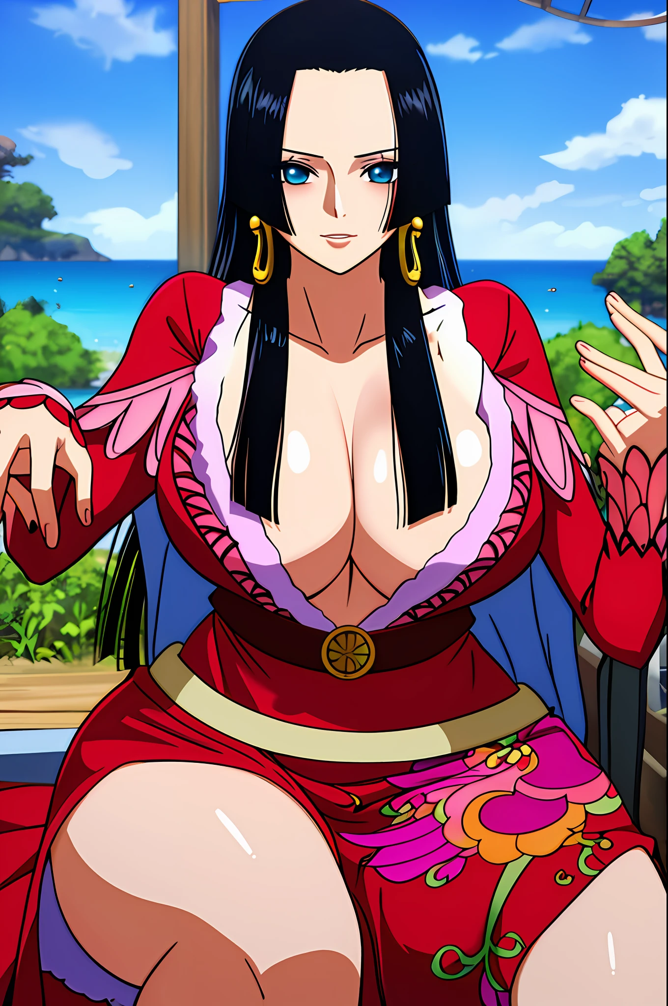 ((masterpiece)), ((best quality)), boa_hancock, mature woman, huge breast, thick thigh, sexy dress, untied dress, lewd face,