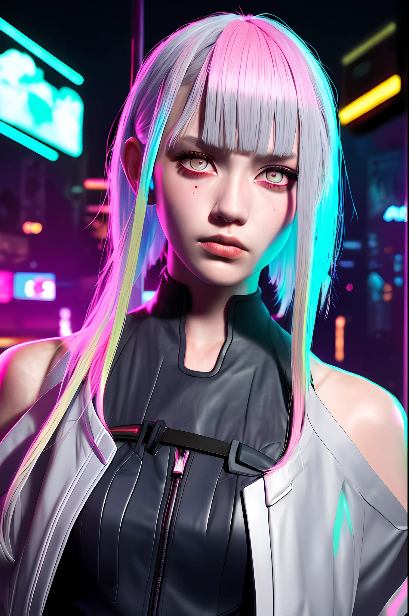 lucy \(cyberpunk\), 1girl, hair scrunchie, hime cut, silver hair, colored tips, full moon, grey eyes, jacket, long sleeves, looking at viewer, medium hair, multicolored hair, parted bangs, parted lips, pink hair, portrait, red eyeliner, red lips, solo, white jacket, cyberpunk \(series\), rainy night in a cyberpunk city with glowing neon lights