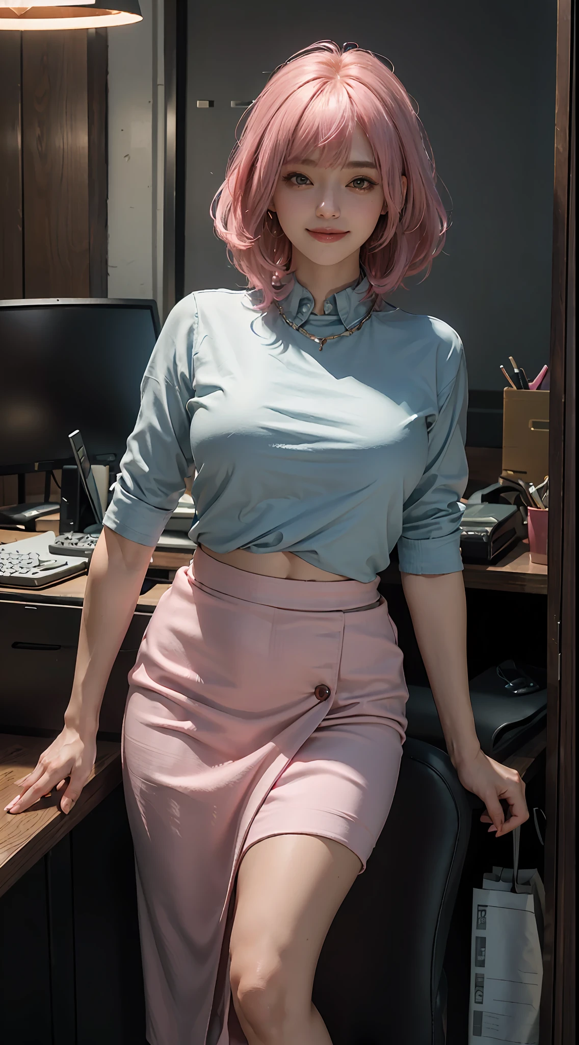 ((masterpiece, best quality)), (1 girl),((mature female)), pink hair , halo, second-skin top (,skirts, (office lady)), bangs, medium chest, (busty) , thin, smile, [wide hips], office, standing, aru \(blue file\),