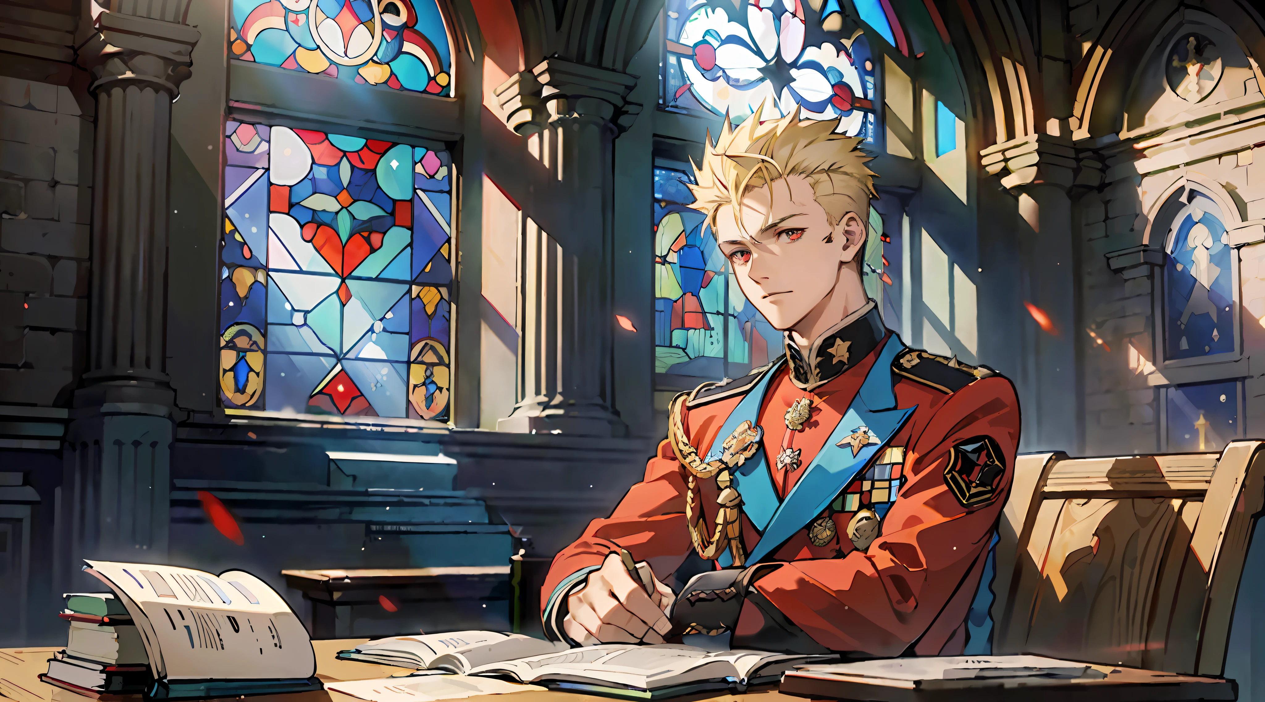 ((Masterpiece: 1.4, Best Quality)), (Short Blonde), (Spiked Hair), Red Eyes, Military Uniform, (Church: 1.2), (Stained Glass: 1.3), One Young Man, Handsome, Pillar, Sky Cover, (Light particles), (Moonlight shining through the window), Dark atmosphere, sit in a chair