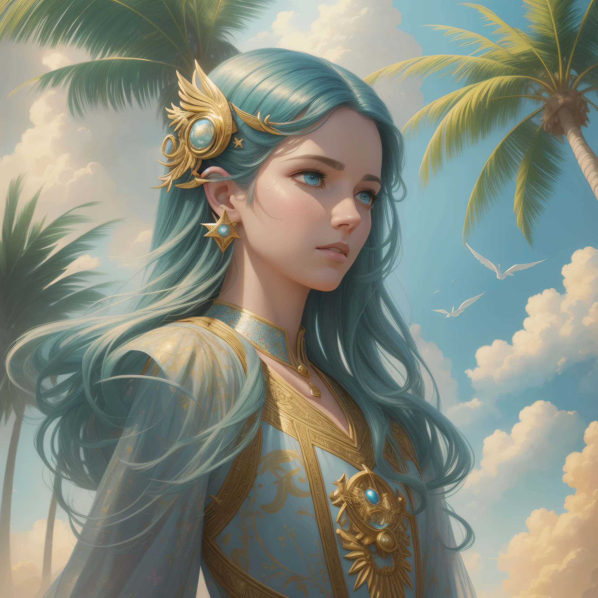 ((best quality)), ((masterpiece)), ((realistic cartoon)), ((perfect character)) Enchanted sky, ethereal clouds, golden sun, stylized palm trees, aesthetic harmony between Star Trek and pastel colors, intricately designed fashion clothes, highly detailed details, surrealist style, stunning digital painting by Greg Rutkowski, expressive concept art, sharp focus, breathtaking illustration, eye level, scenic, masterpiece