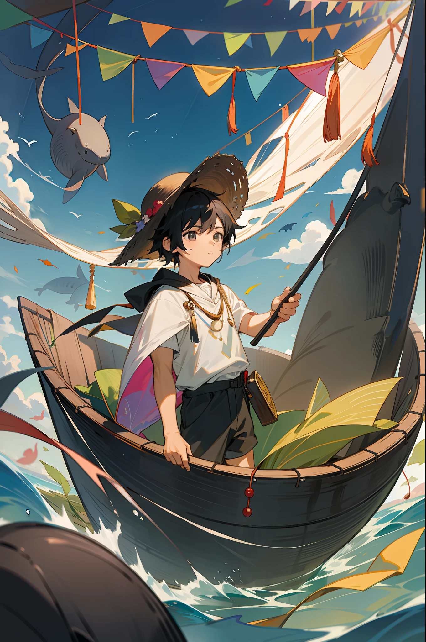 The black-haired male pupil, a **********, short-sleeved shorts, wearing a long cape, a straw hat with two streamers and countless wind chimes, and a green flute sits on the back of a huge whale made of water, leading more fish behind him