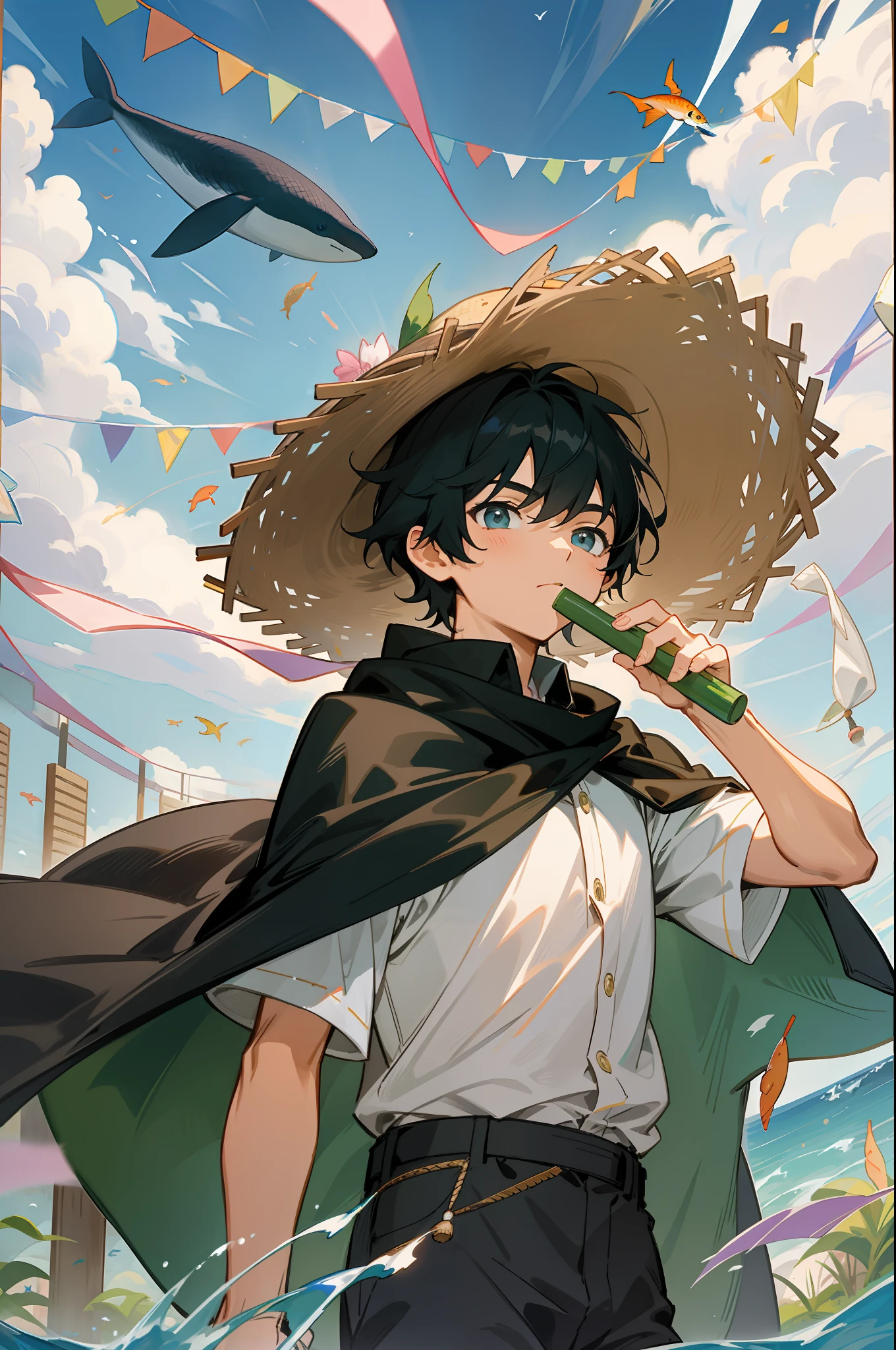 The black-haired male pupil, a , short-sleeved shorts, wearing a long cape, a straw hat with two streamers and countless wind chimes, and a green flute sits on the back of a huge whale made of water, leading more fish behind him
