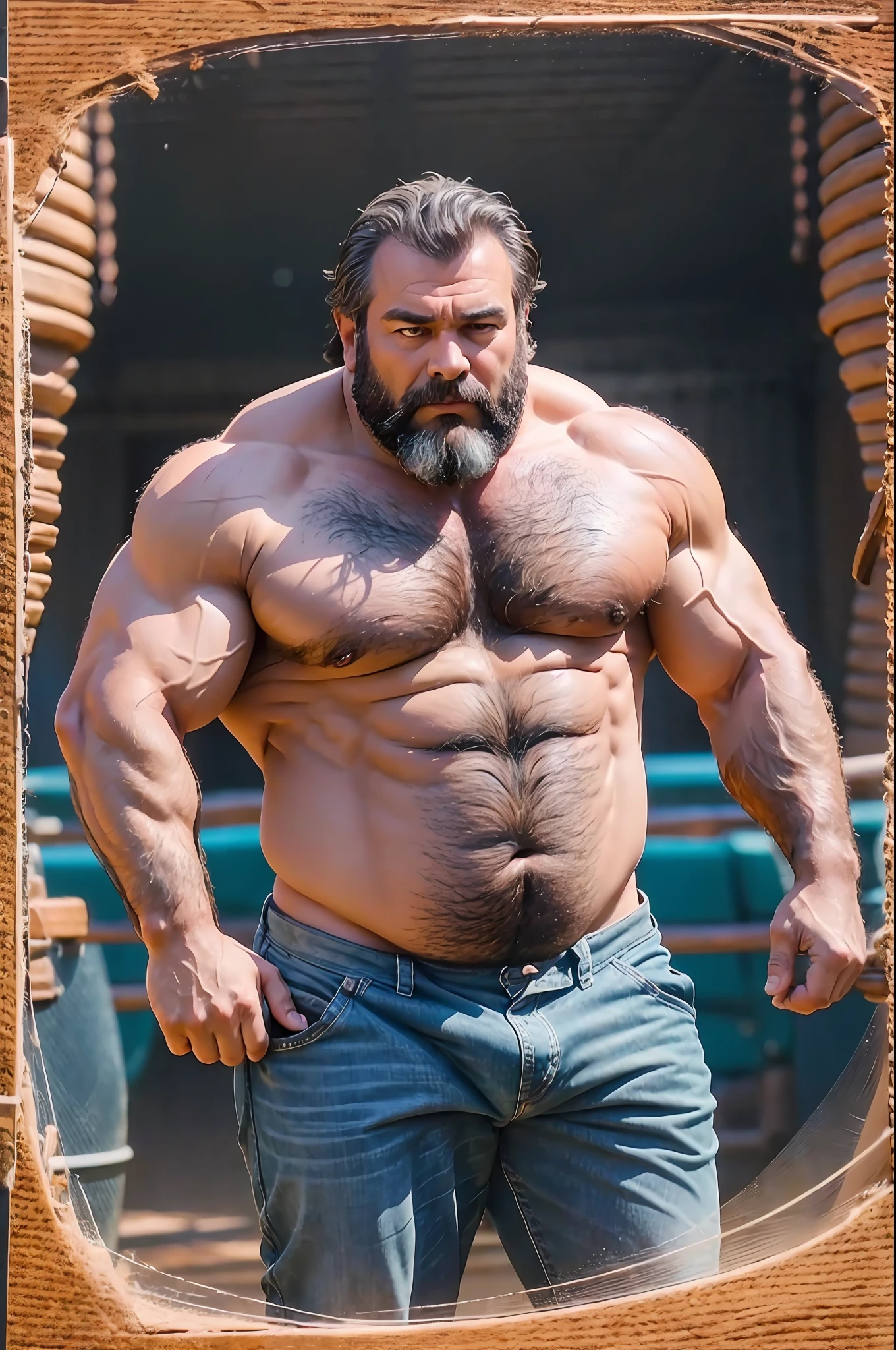 A portrait full body photograph A tractive mid age balg Strong, muscular, hairy big belly in the style of light brown and teal, moody colors, curvilinear, textural layering, utilizes, velvia, media-savvy, sharp photo, HD, 8k --auto --s2