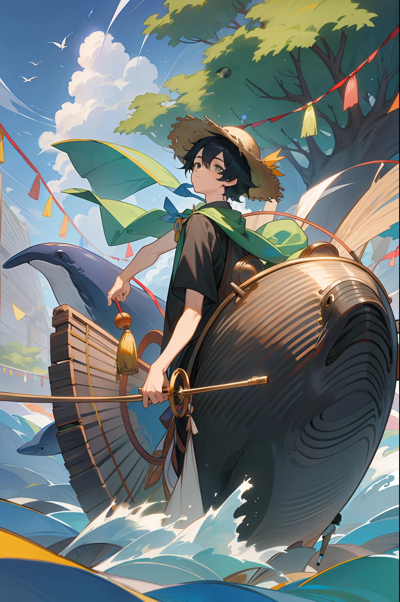 The black-haired male pupil, a , short-sleeved shorts, wearing a long cape, a straw hat with two streamers and countless wind chimes, and a green flute sits on the back of a huge whale made of water, leading more fish behind him