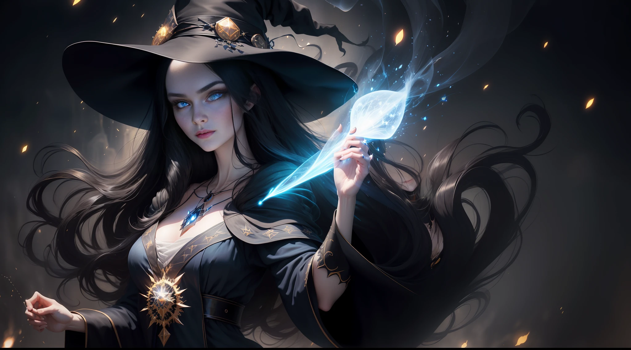 Face of perfect proportions, realistic expression, large face, long black hair, witch hat, blue eyes, pale white skin, beautiful woman in black robes with intricate decorations, witch, confident expression (dynamic angle, dazzling blue eyes, delicate necklace, charming smile), (magical mystical background, fireflies, glowing yellow particles, ethereal fog, faint darkness), high saturation, movie light, edge light, best shadow, night cityscape