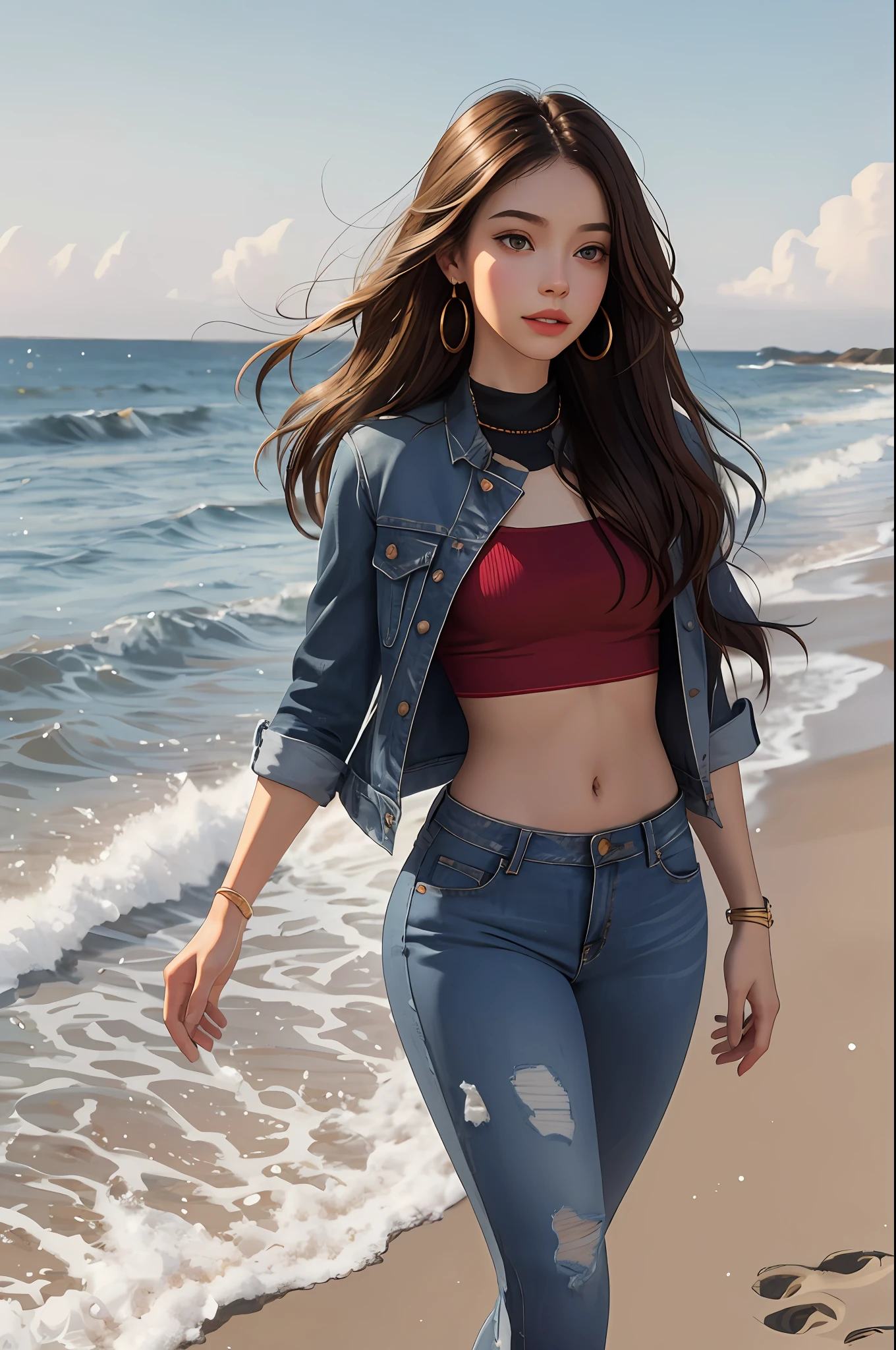 Girl, brunette, light, thin, medium breasts, medium butt, muscular belly, navel out, tight jeans, jeans modeling your body, red top, small eyes, thin eyebrows, round nose, small mouth, thin lips, brown eyes, detailed toast, turned legs, rastafari hair, hair fulfilled, earrings, walking on the beach, at night