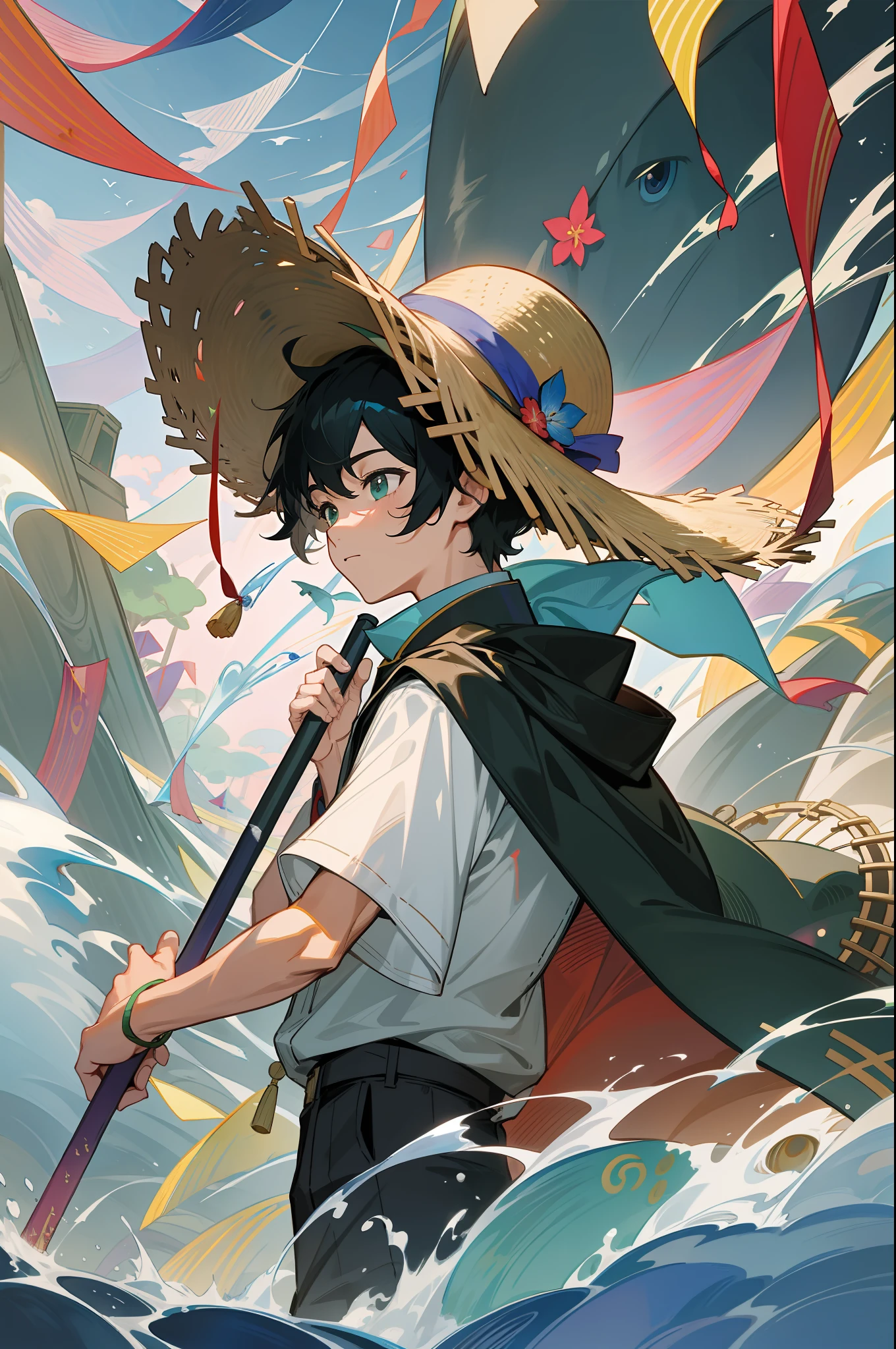 The black-haired male pupil, a little boy, short-sleeved shorts, wearing a long cape, a straw hat with two streamers and countless wind chimes, and a green flute sits on the back of a huge whale made of water, leading more fish behind him