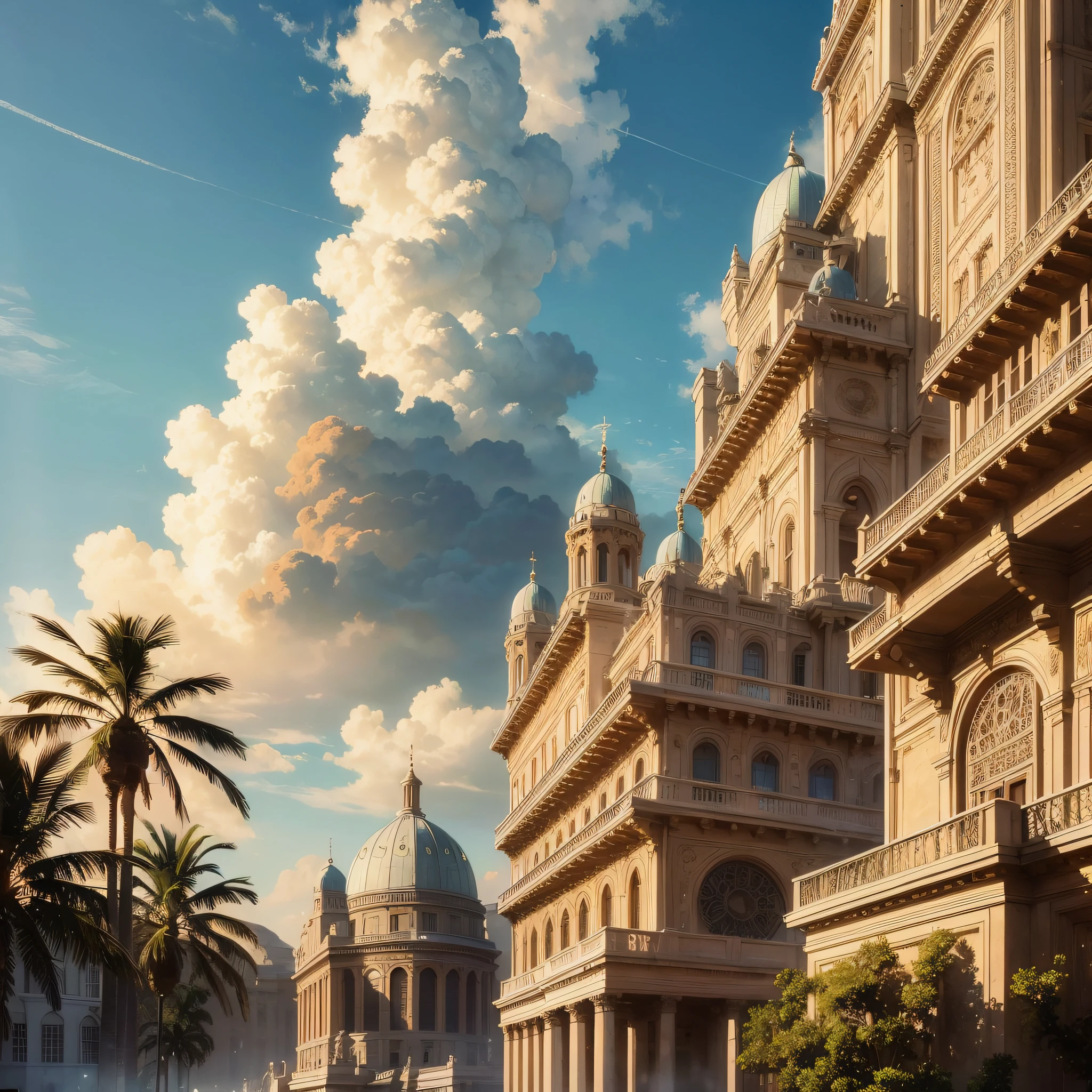 ((best quality)), ((masterpiece)), ((realistic cartoon)), ((perfect character)) Immersion in the cloud, radiant sky and sun in the background, elegant palm trees, panoramic view, combination of Renaissance aesthetics and Star Trek elements, soft pastel colors, intricate fashion clothes, highly elaborate details, surrealist atmosphere, digital painting by Greg Rutkowski, impeccable concept art, sharp focus, stunning illustration, eye level, scenic, Masterpiece --auto --s2