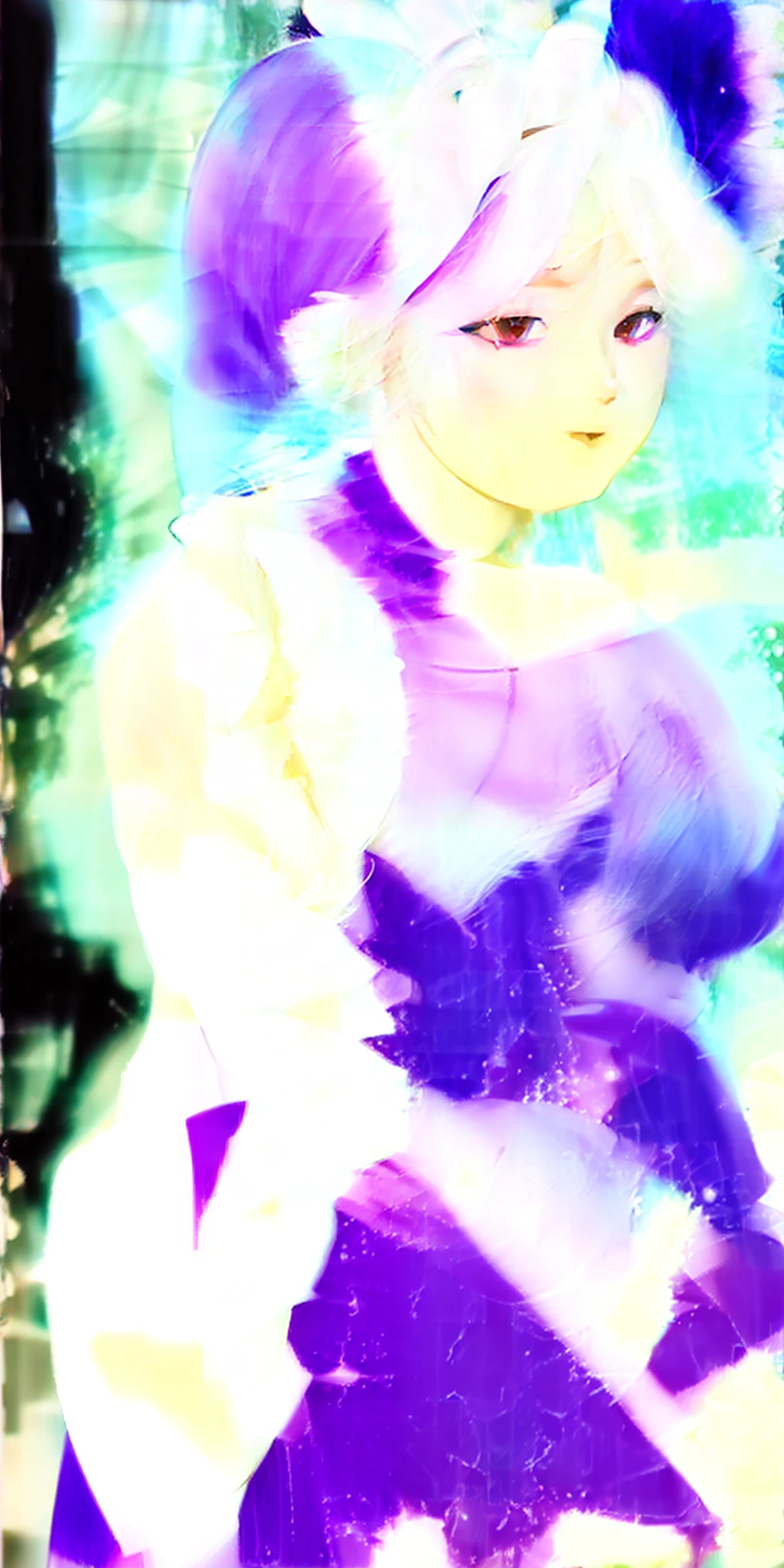 Realistic, 1girl, white hair, purple eyes, glowing eyes, cut top, skirt, parted lips, blush, night, flowers, sun, sunlight, seduction seduce,