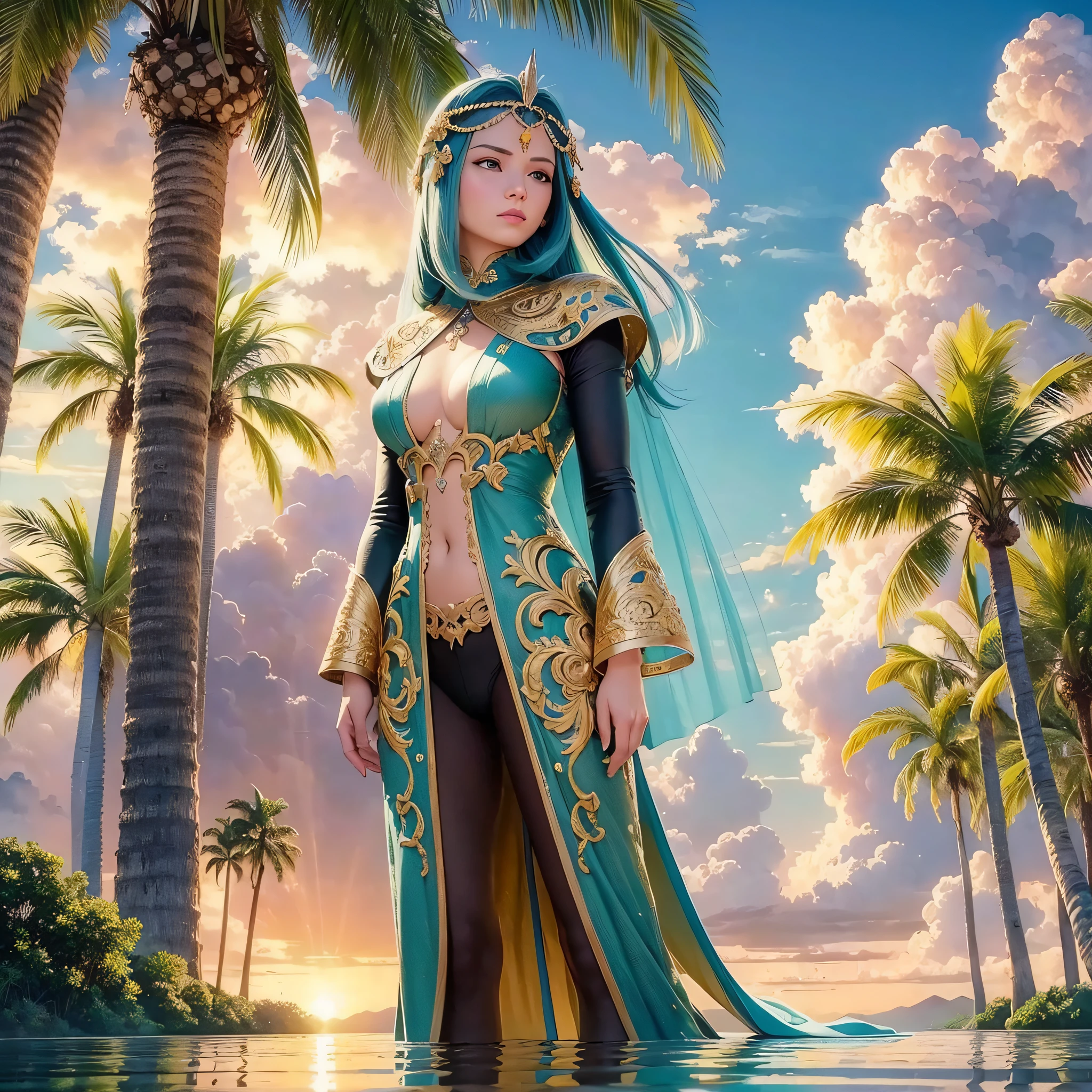((best quality)), ((masterpiece)), ((realistic cartoon)), ((perfect character)) Immersion in the cloud, radiant sky and sun in the background, elegant palm trees, panoramic view, combination of Renaissance aesthetics and Star Trek elements, soft pastel colors, intricate fashion clothes, highly elaborate details, surrealist atmosphere, digital painting by Greg Rutkowski, impeccable concept art, sharp focus, stunning illustration, eye level, scenic,  Masterpiece --auto --s2