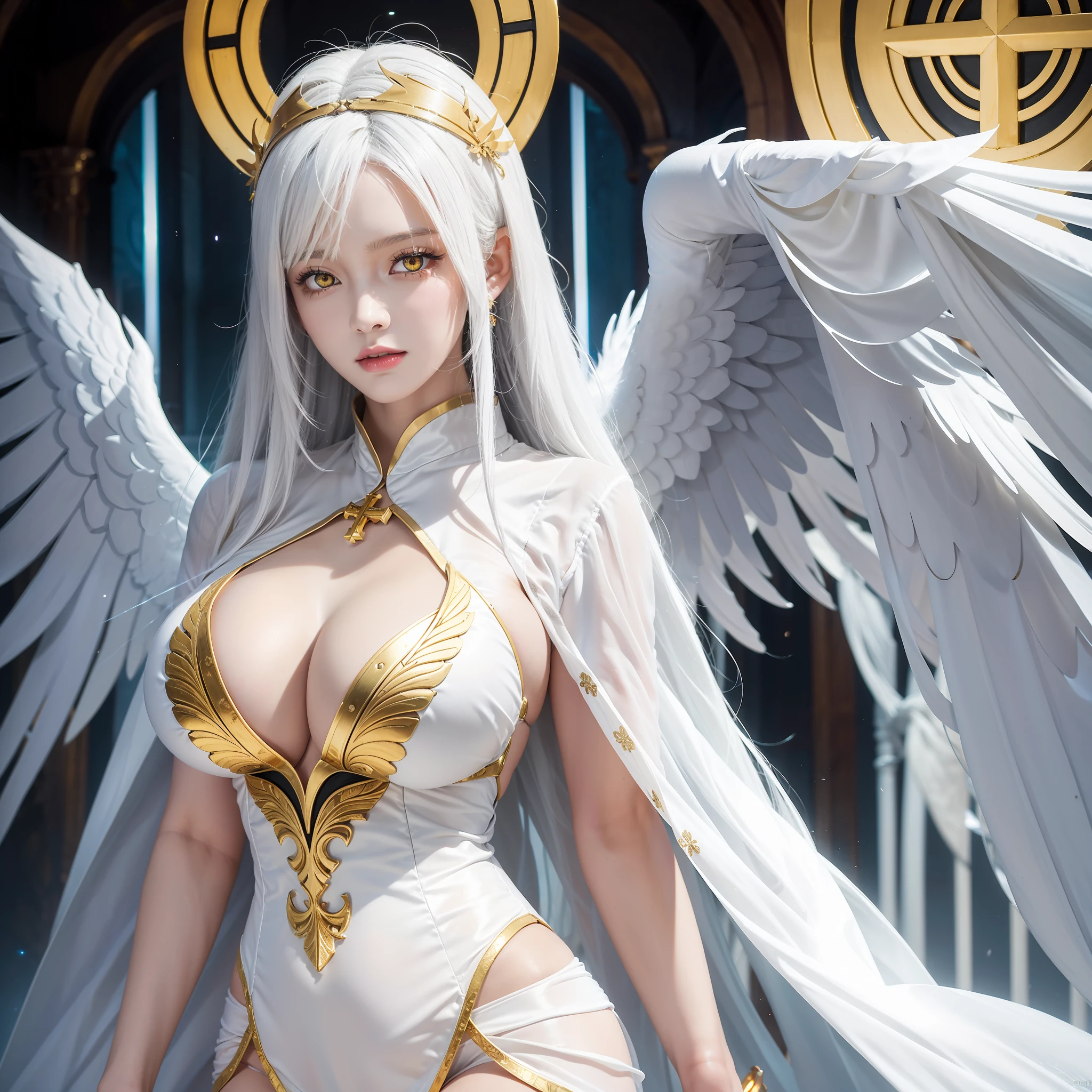 Best Quality, SLR, One Woman (Alathur), Big (1.55), Clear Body Lines, Yellow Eyes, Golden Eyes, White Hair, Saint Sister, Big Wings, Cross, Symmetry, Cleavage, Taut Clothes, Korean, Voluptuous Body