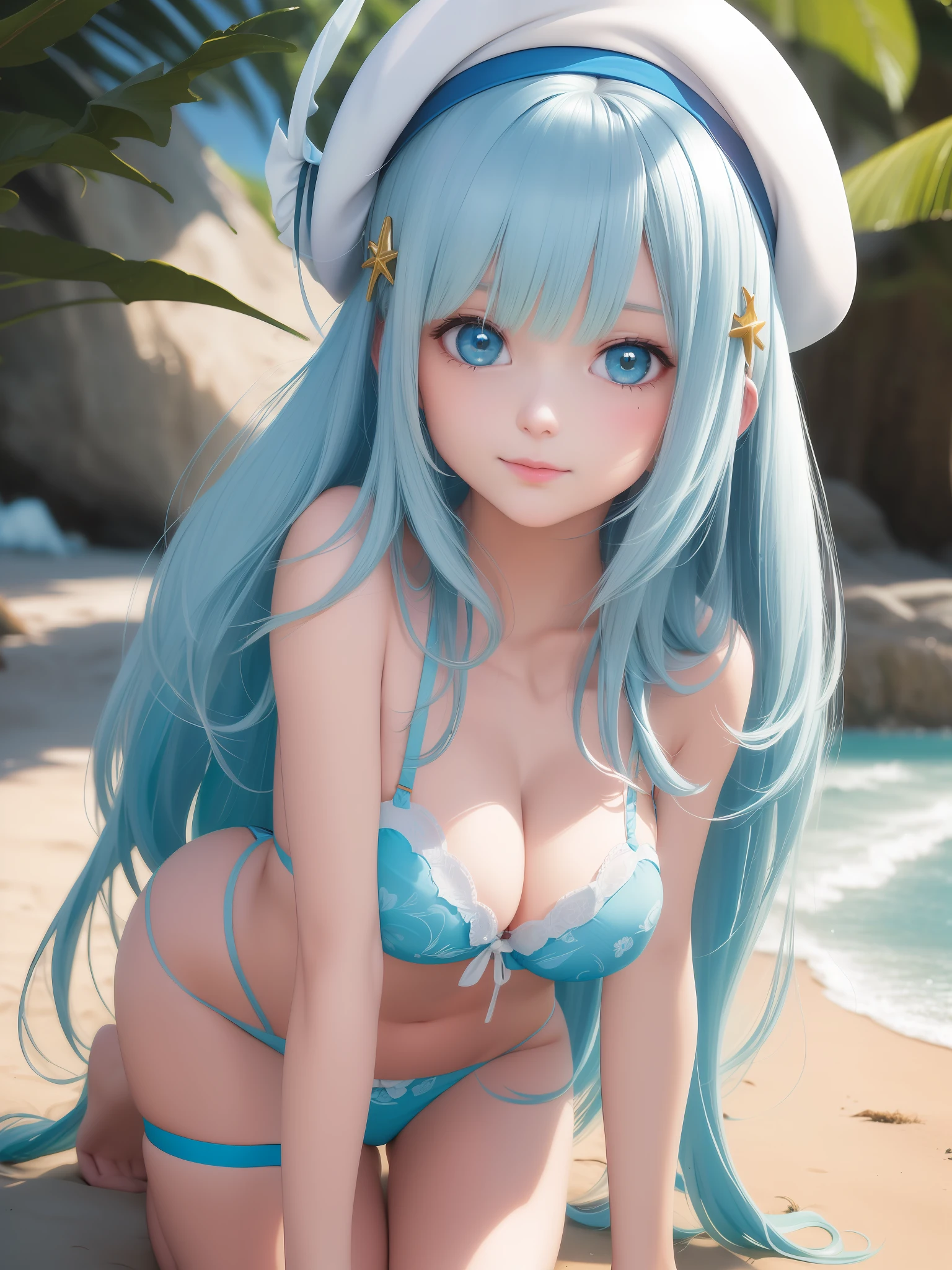 (best quality: 1.4), highres, masterpiece, ultra detailed, realistic, 1girl, (light blue hair: 1.1), medium breasts, (white beret: 1.2), hair clips, (blue panties and bra: 1.2), beach, detailed face, (portrait: 1.0), Aqua from the anime Konosuba
