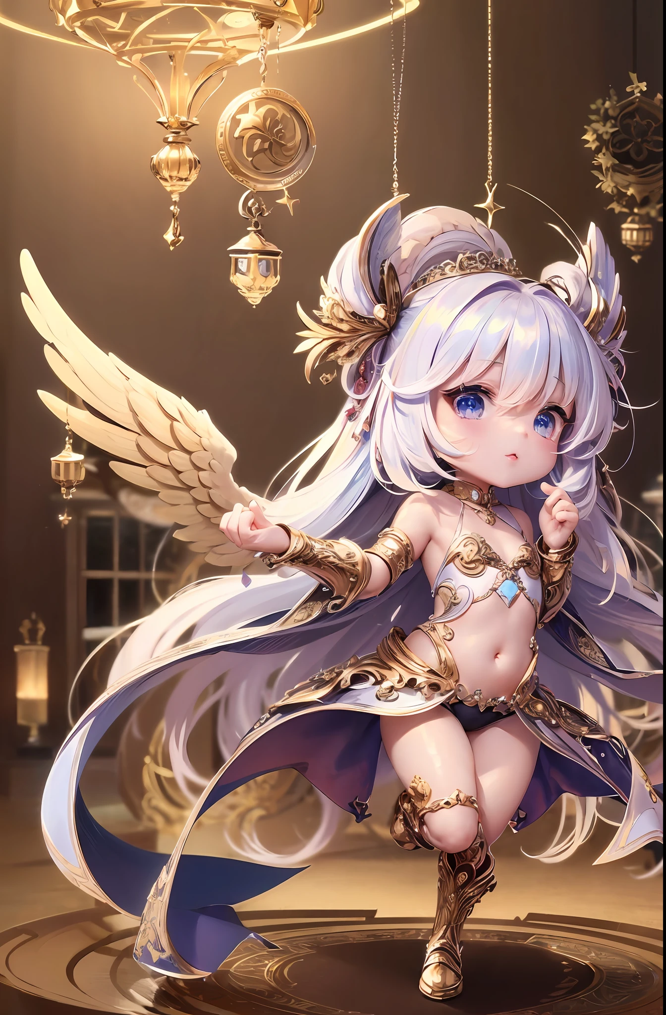 (Chibi: 1.3), (Masterpiece: 1.4), (Best Quality: 1.4), (Very cute angel girl, super detailed face, jewel-like eyes, white very long hair, colorful gradient hair: 1.4), (Angel Ring:
1.4), (Angel Wings: 1.4), (Full body, perfect 2 arms, perfect 2 legs: 1.4), (Perfect 4 fingers: 1 thumb), light, shine, bokeh, super fine