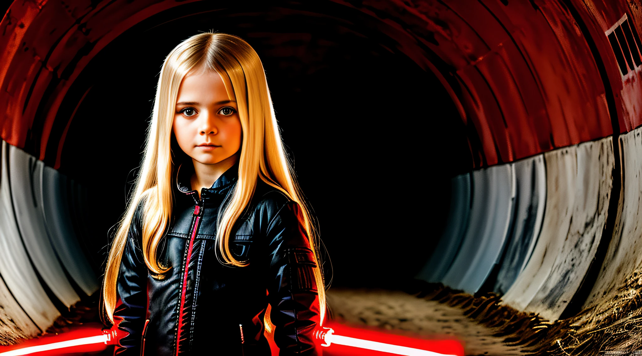RUSSIAN CHILD GIRL WITH 10 YEARS OLD WITH LONG STRAIGHT BLONDE HAIR, PORTRAIT STYLE, CLOSEUP standing in a tunnel with a red lightsaber, 4K lightsaber wallpaper, digital art