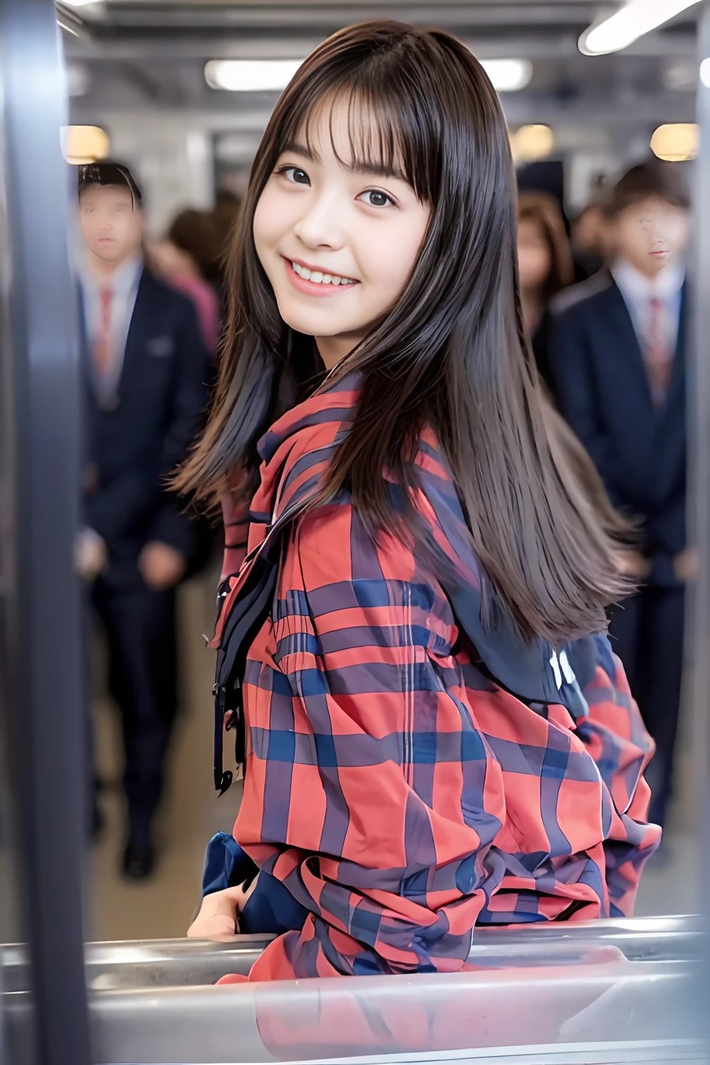 Please describe a cute junior high school girl going to school on a crowded train in the morning. She was surrounded by boys, and she was thrilled.