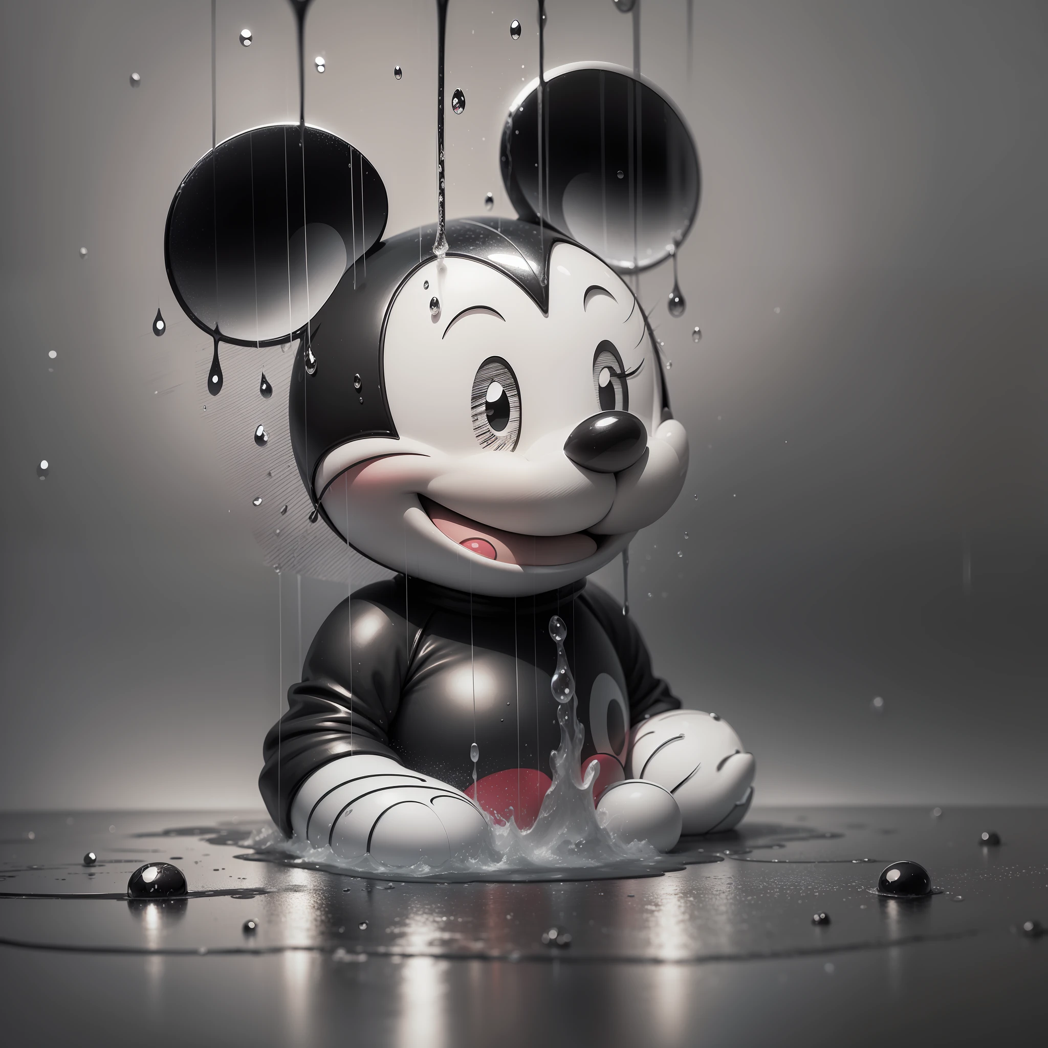 Create an image of the sad mickey mouse, looking at the sky, rain falling, raindrops wetting his face, black and white image, extremely detailed. Put sadness on your face. Depressive Mickey.