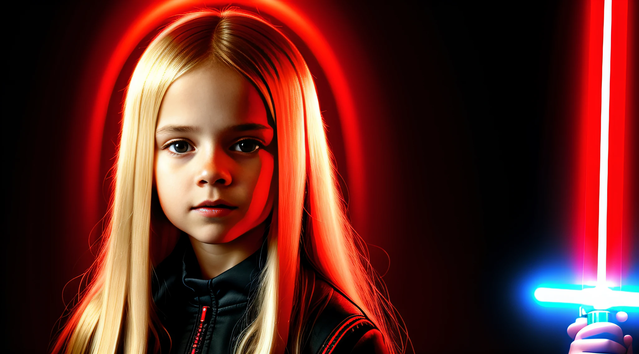 RUSSIAN CHILD GIRL WITH WITH LONG STRAIGHT BLONDE HAIR, PORTRAIT STYLE, CLOSEUP standing in a tunnel with a red lightsaber, 4K lightsaber wallpaper, digital art