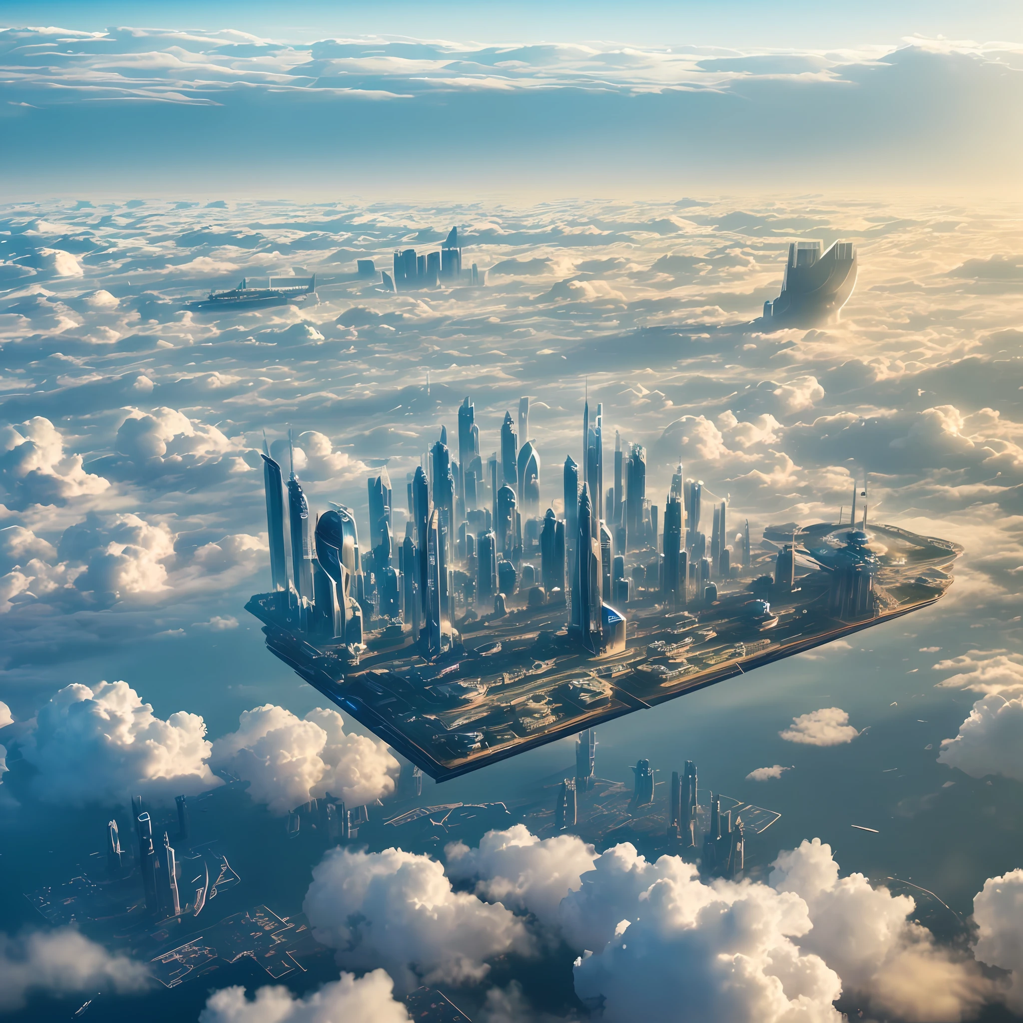 (futuristic city seen from above:1.3, giant:1.2, floating on a huge platform:1.3, above clouds:1.2, sea of clouds, sunny day:1.1, futurism:1.2) --auto --s2