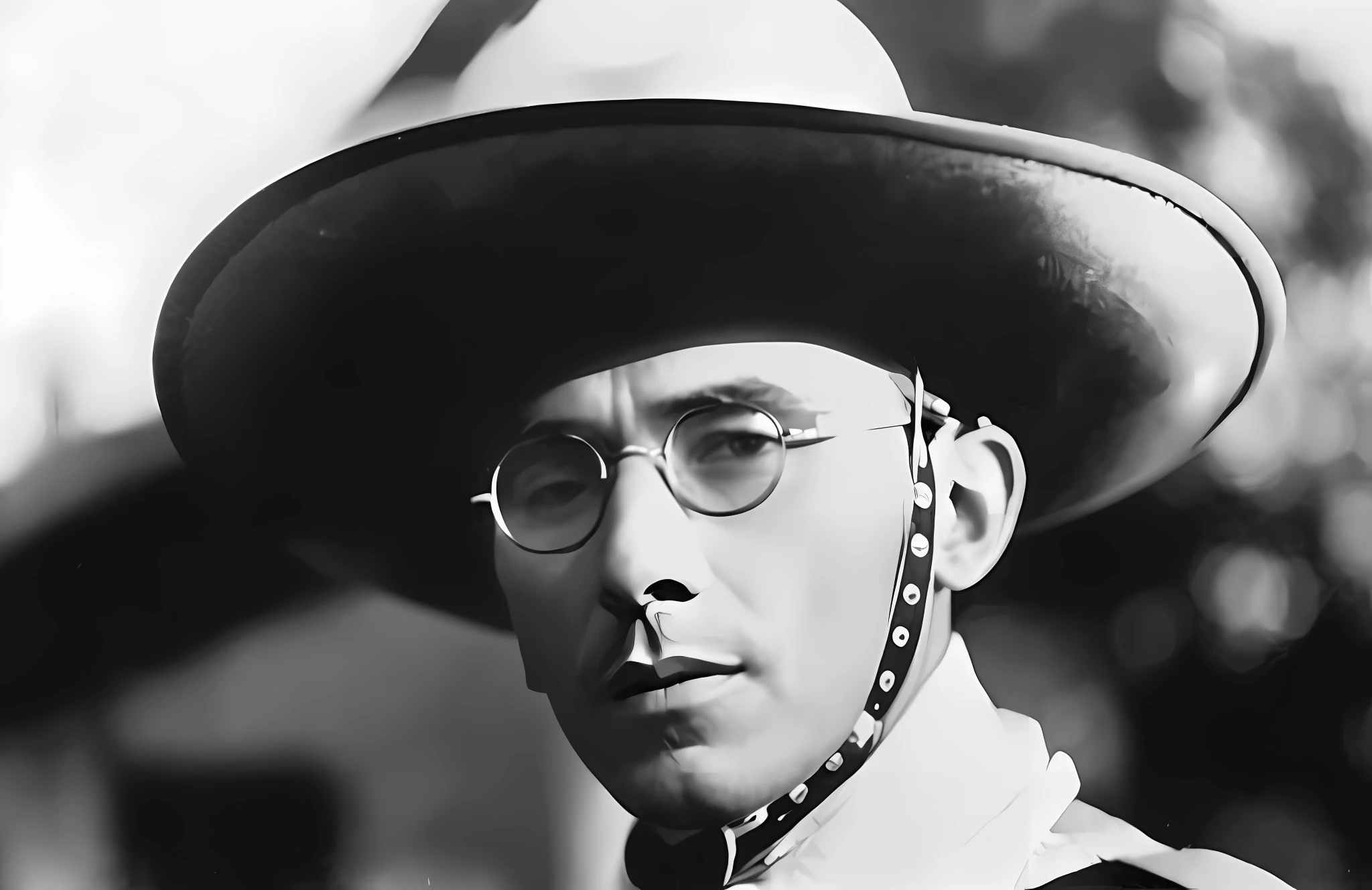 a close up of a man wearing a hat and glasses, henri selick, robert siodmak, cowboy hat and glasses, gal yosef, hugo pratt, 🤠 using a 🖥, the cowboy in the weird west, yukio - e, pablo hurtado de mendoza, jean dupas, inspired by Gilberto Soren Zaragoza