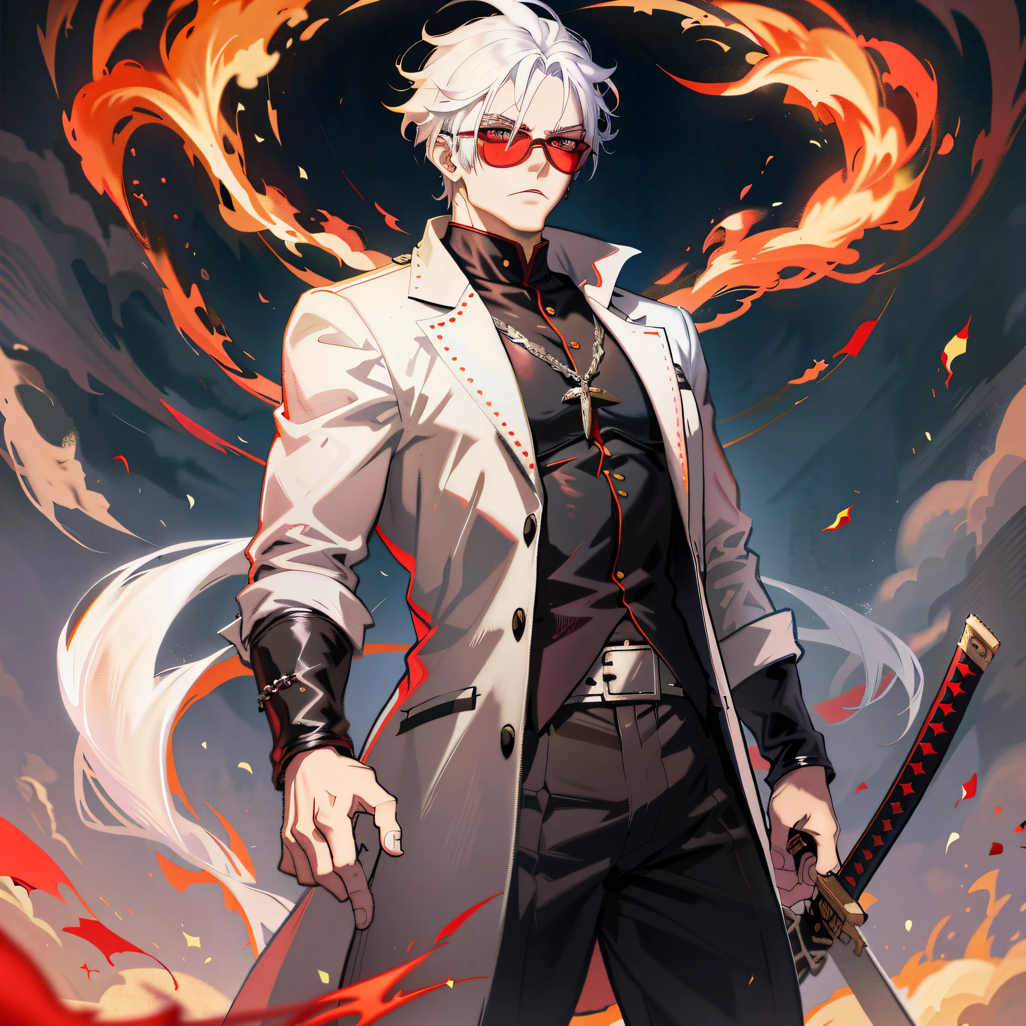 anime character with white hair and red glasses holding a sword, badass anime 8 k, handsome guy in demon slayer art, key anime art, trigger anime artstyle, son of sparda, best anime 4k konachan wallpaper, by Yang J, trending on artstation pixiv, zerochan art, official character art, detailed anime character art