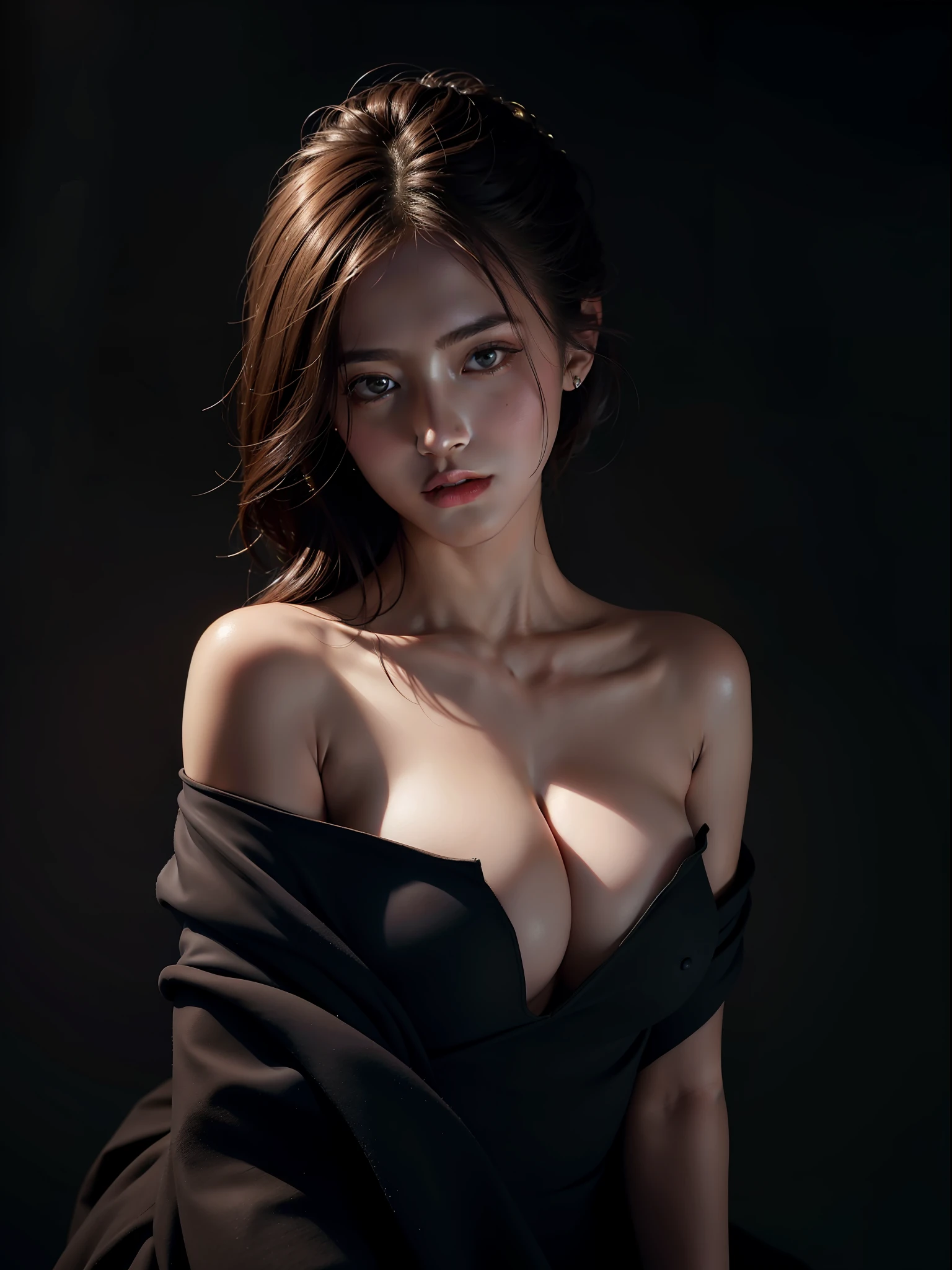 Best quality, masterpiece, ultra high res, (photorealistic:1.4), raw photo, 1girl, offshoulder, in the dark, deep shadow, low key, cold light, nipple