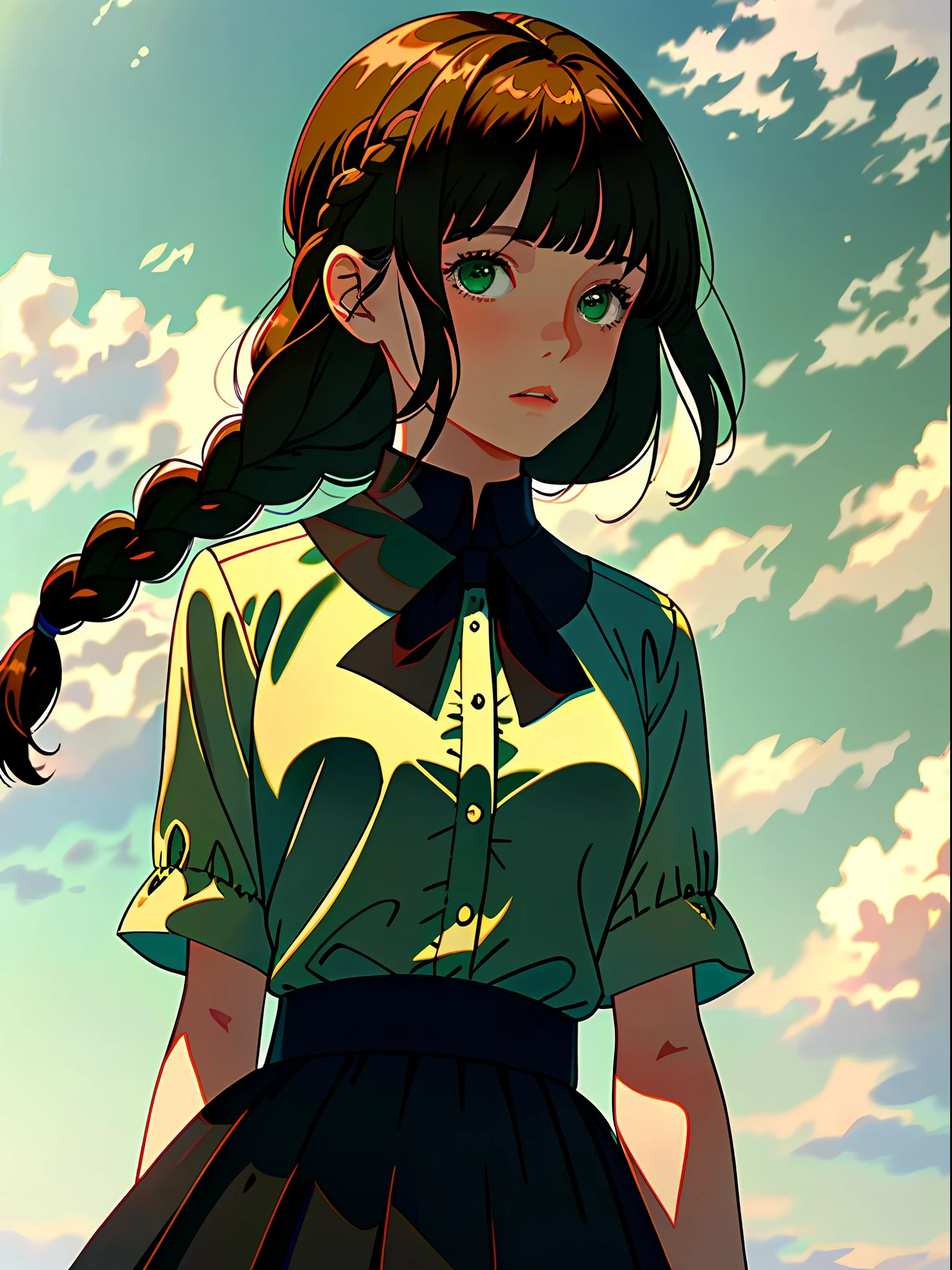 (best quality, masterpiece), portrait, 1 girl, alone, (brown hair, long, with bangs and gathered in a braid), (green eyes), (white blouse, black long skirt) (light sky background)
