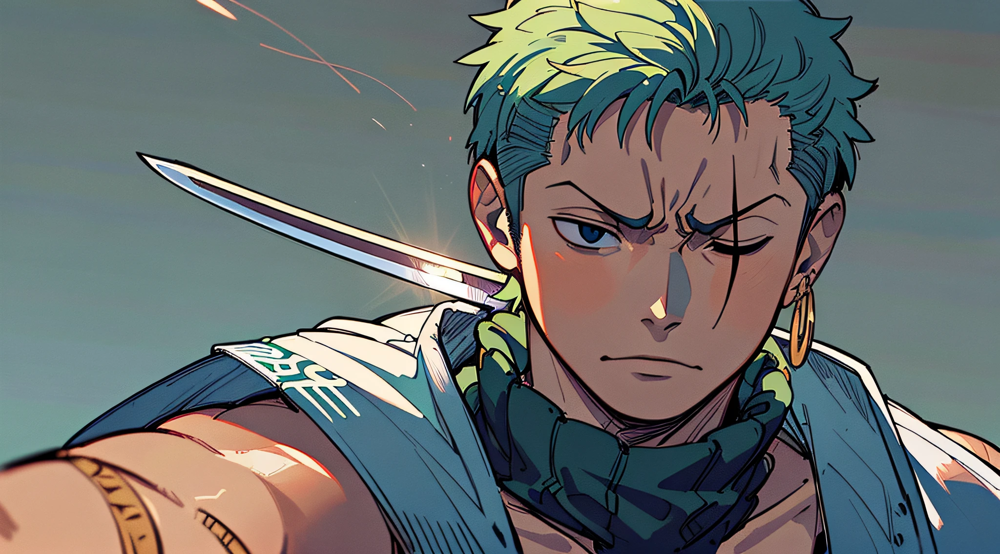 One_piece_anime, Ronoroa_Zoro, men, closeup, Wano_Style, beautification, ((vertical_scar_over_right_eye)), constura_no_peito, standing_in_a_field, dark_sky, (beat_up:1.2), katanas_crossed, (bloody:1.4), exhausted, bare_chested, (in_pain:1.2), (((obra_prima))), (((melhor_qualidade))), (((Extremamente_detalhado, sombras_escuras_intensas, foco_nítido, iluminação_suave, Santōryū, three_sword_style, green_hair, symmetrical_body, portrait, dramatic_lighting, high_contrast, artstation, character_concept_art, Unreal_engine, hyper_detailed,