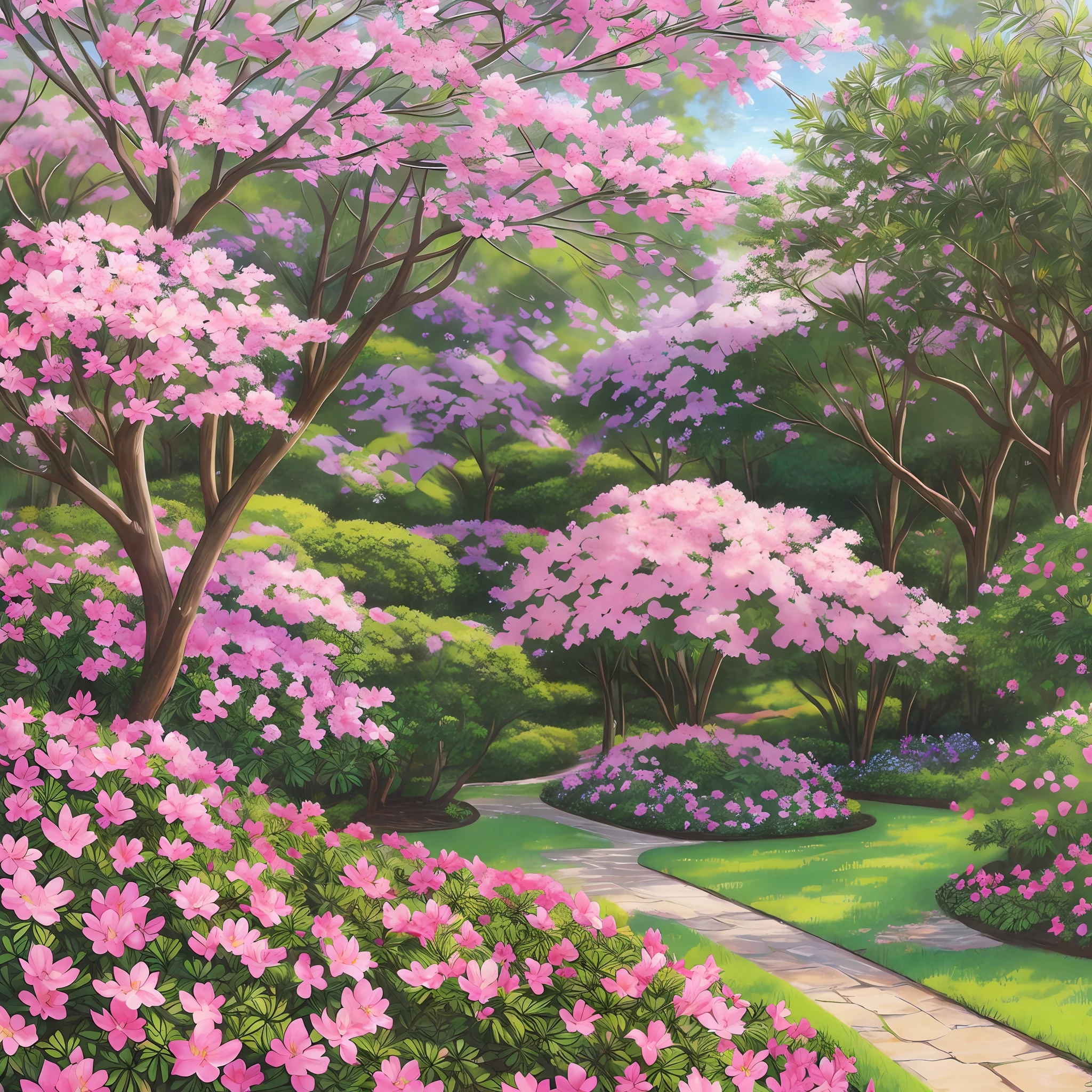 (azalea flowers:1.2), masterpiece, best quality, ultra-realistic, beautiful garden, close-up scene, bright sunlight, colorful, vivid, blurred background, natural texture, smooth transition, delicate brushstrokes. --auto --s2