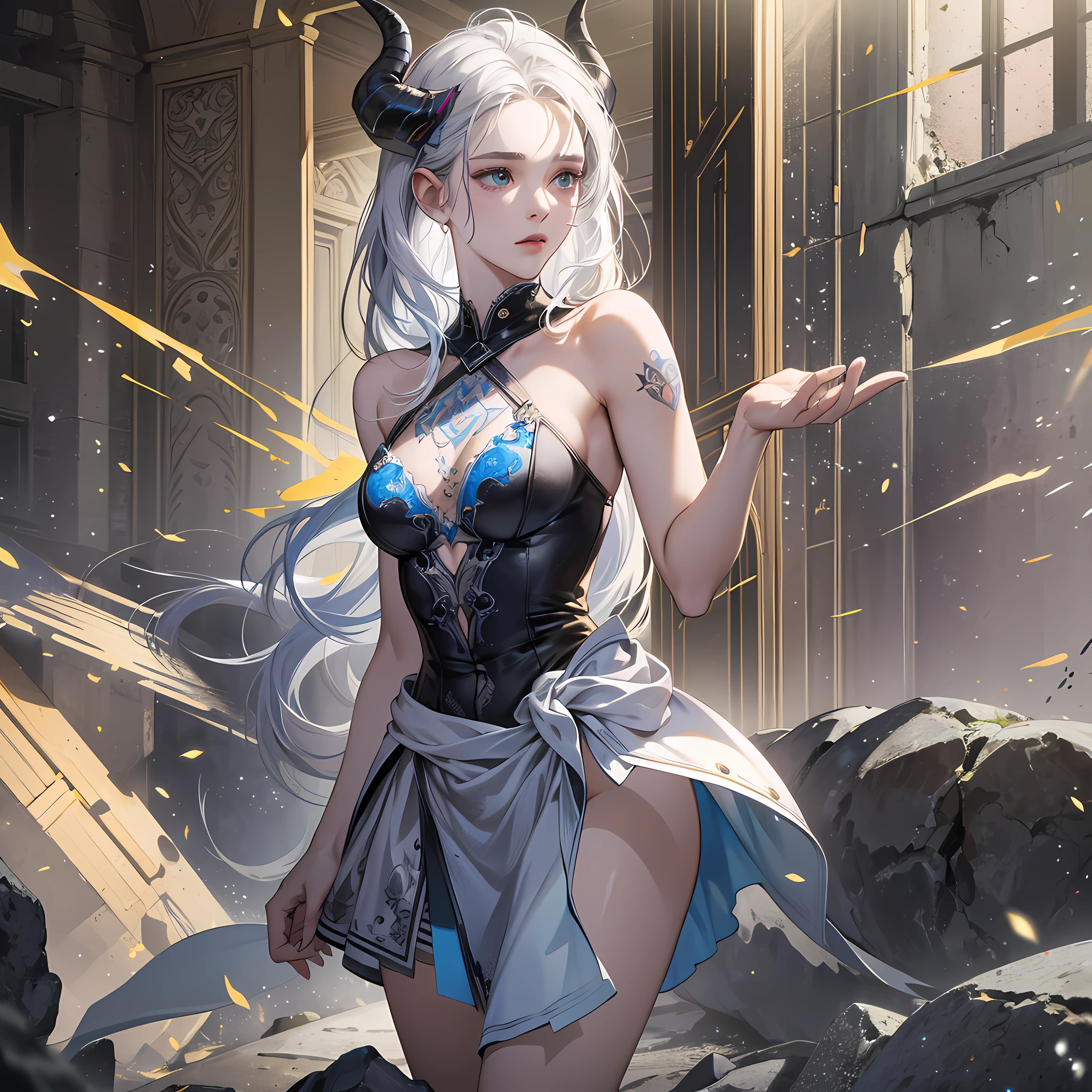 Masterpiece, 8k full hd, slim girl, realistic, small chest, snug chest, heaving chest, breast beak mark, big ass, thin hip, wide waist, full body, side body, horns, bluish white hair, big hair, short dress with thin strap, open dress on the back, marked panties, neck tattoo, realistic image, highest quality, cinematic light, sensational,  Realistic artwork, HDR (High Dynamic Range),Ray Tracing,NVIDIA RTX,Super-Resolution,Unreal 5,Subsurface Dispersion, PBR Texture, Post-processing, Anisotropic filtering, Depth of field, Maximum clarity and sharpness, Multilayer textures --auto --s2
