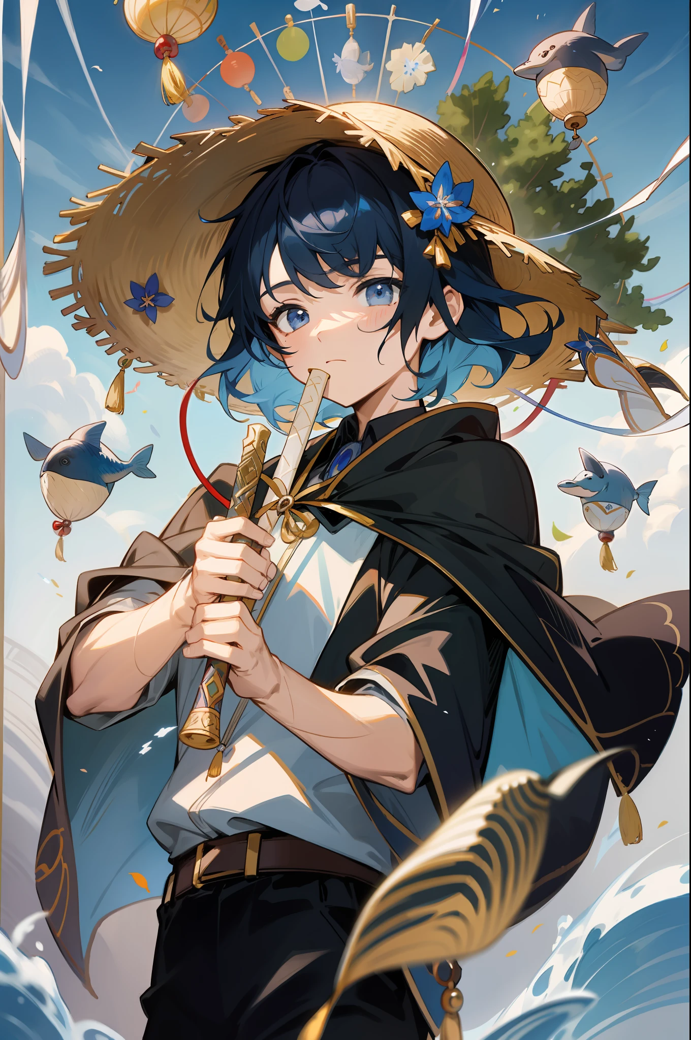 The black-haired male pupil, a little boy, short-sleeved shorts, wearing a long cape, a straw hat with two streamers and countless wind chimes, and a green flute sits on the back of a huge whale made of water, leading more fish behind him