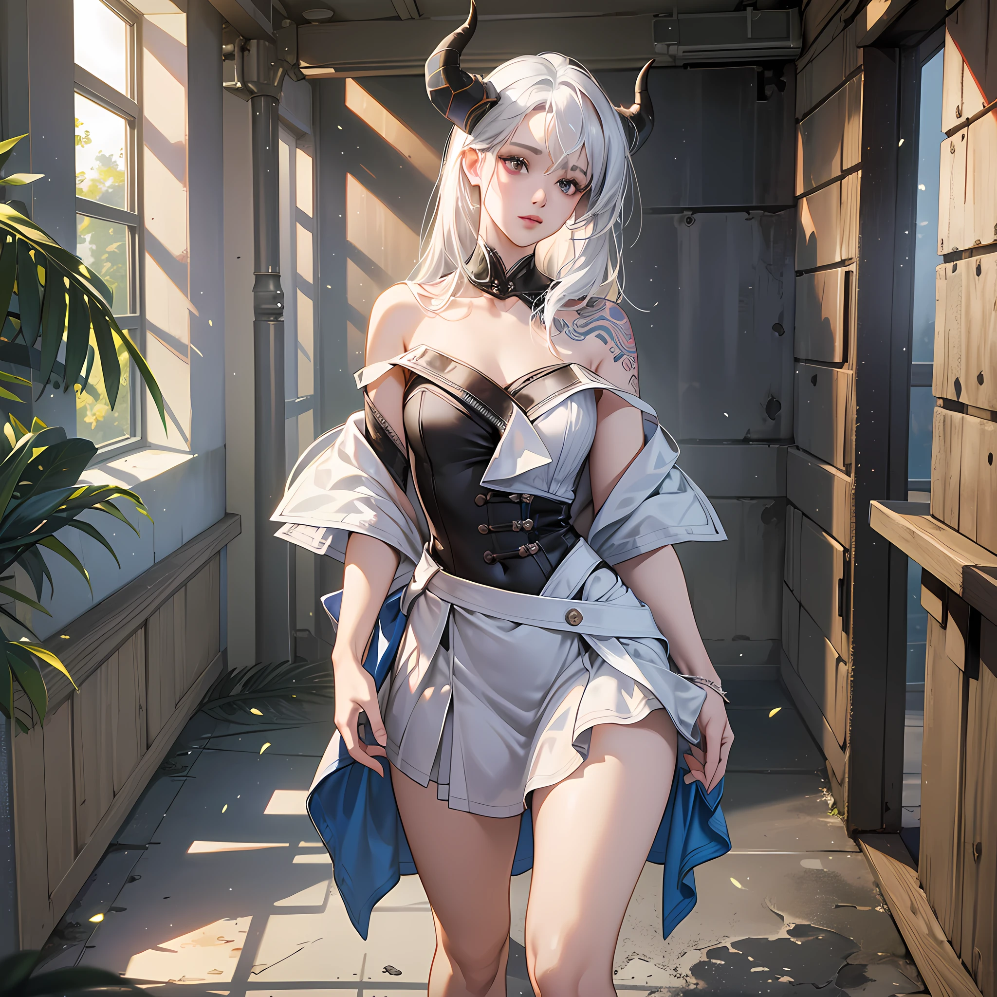 Masterpiece, 8k full hd, slim girl, realistic, small chest, snug chest, heaving chest, breast beak mark, big ass, thin hip, wide waist, full body, side body, horns, bluish white hair, big hair, short dress with thin strap, open dress on the back, marked panties, neck tattoo, realistic image, highest quality, cinematic light, sensational, Realistic artwork, HDR (High Dynamic Range),Ray Tracing,NVIDIA RTX,Super-Resolution,Unreal 5,Subsurface Dispersion, PBR Texture, Post-processing, Anisotropic filtering, Depth of field, Maximum clarity and sharpness, Multilayer textures --auto --s2
