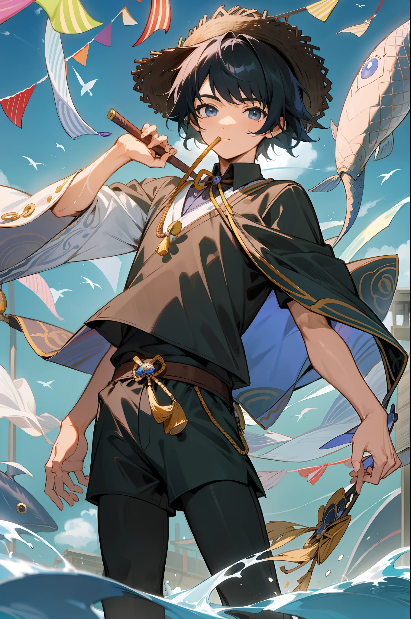 The black-haired male pupil, a , short-sleeved shorts, wearing a long cape, a straw hat with two streamers and countless wind chimes, and a green flute sits on the back of a huge whale made of water, leading more fish behind him