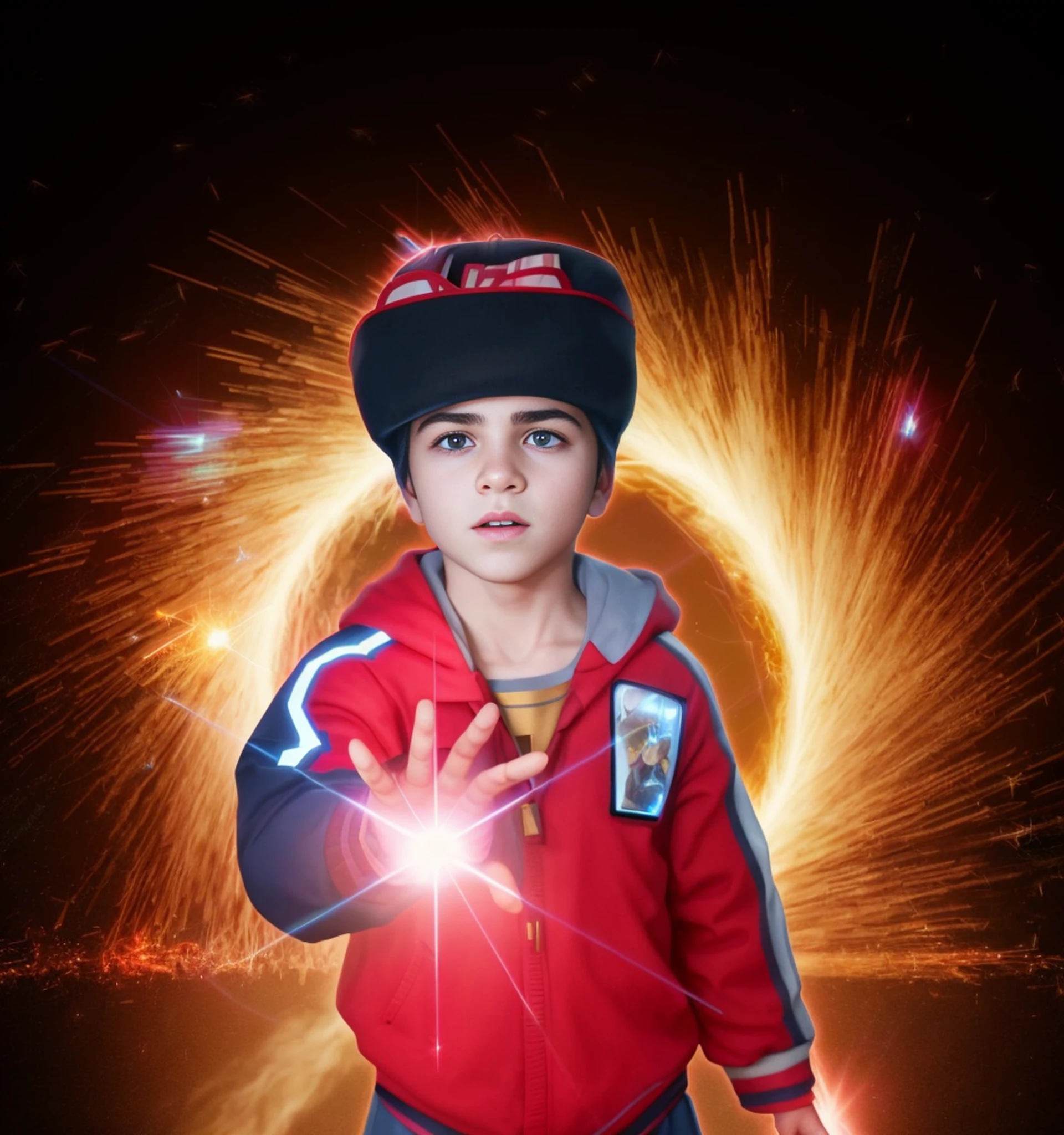 there is a young boy holding a glowing object in his hand, he is casting a lighting spell, reyyan, magical sparks, little girl with magical powers, with sparking circuits, ringflash lighting, flash photography, sparks, epic lighting effects, diffuse lightpainting, light painting, lightpainting, sparklers, magic special effects, casting magic spell, young wizard