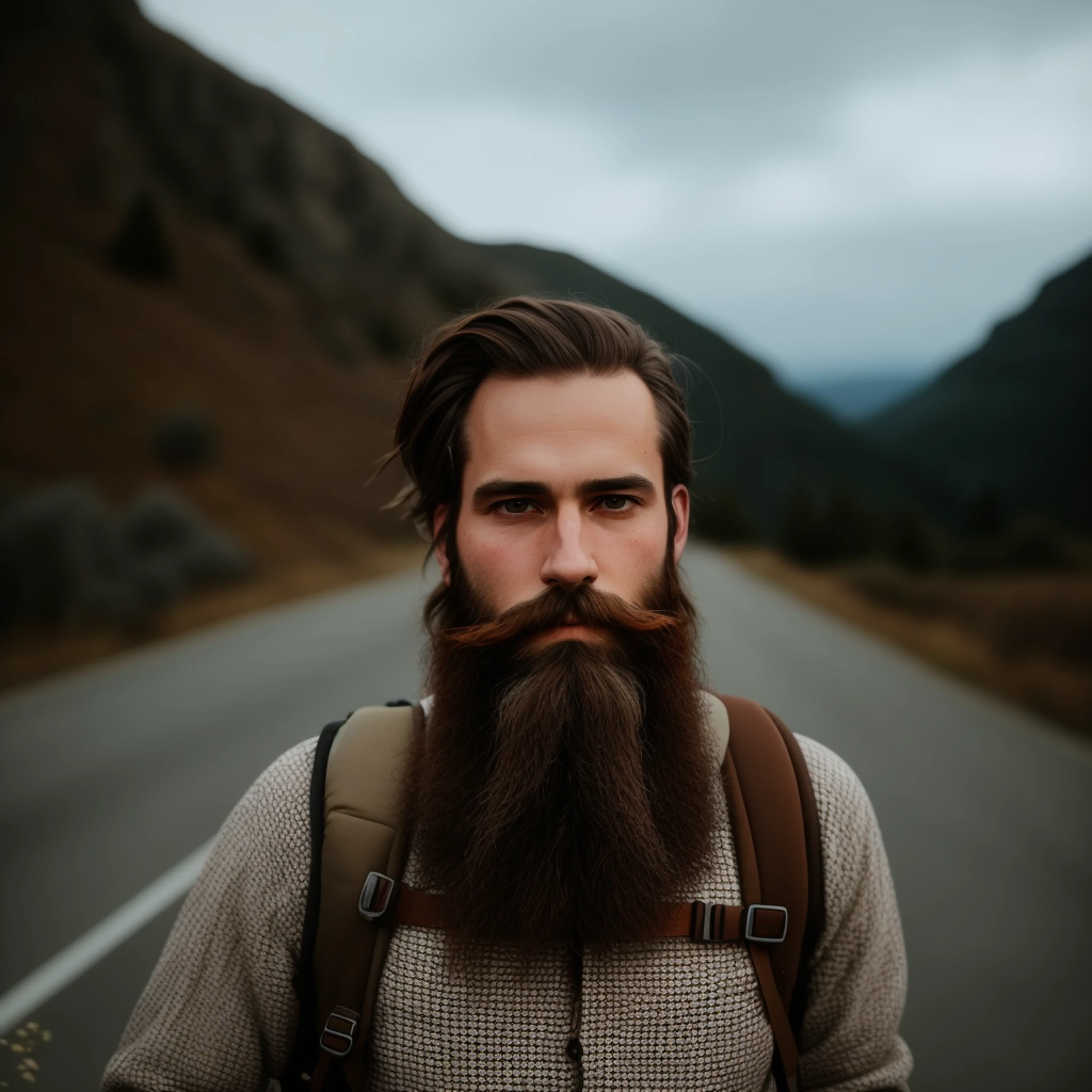 there is a man with a beard and a backpack on the road, bearded man, long beard, rugged beard, long brown beard, man with beard, natural beard, long unkempt beard, full beard, light beard, grizzled beard, neat beard, brown beard, bushy beard, beard, badass beard, big beard, bearded, braided beard