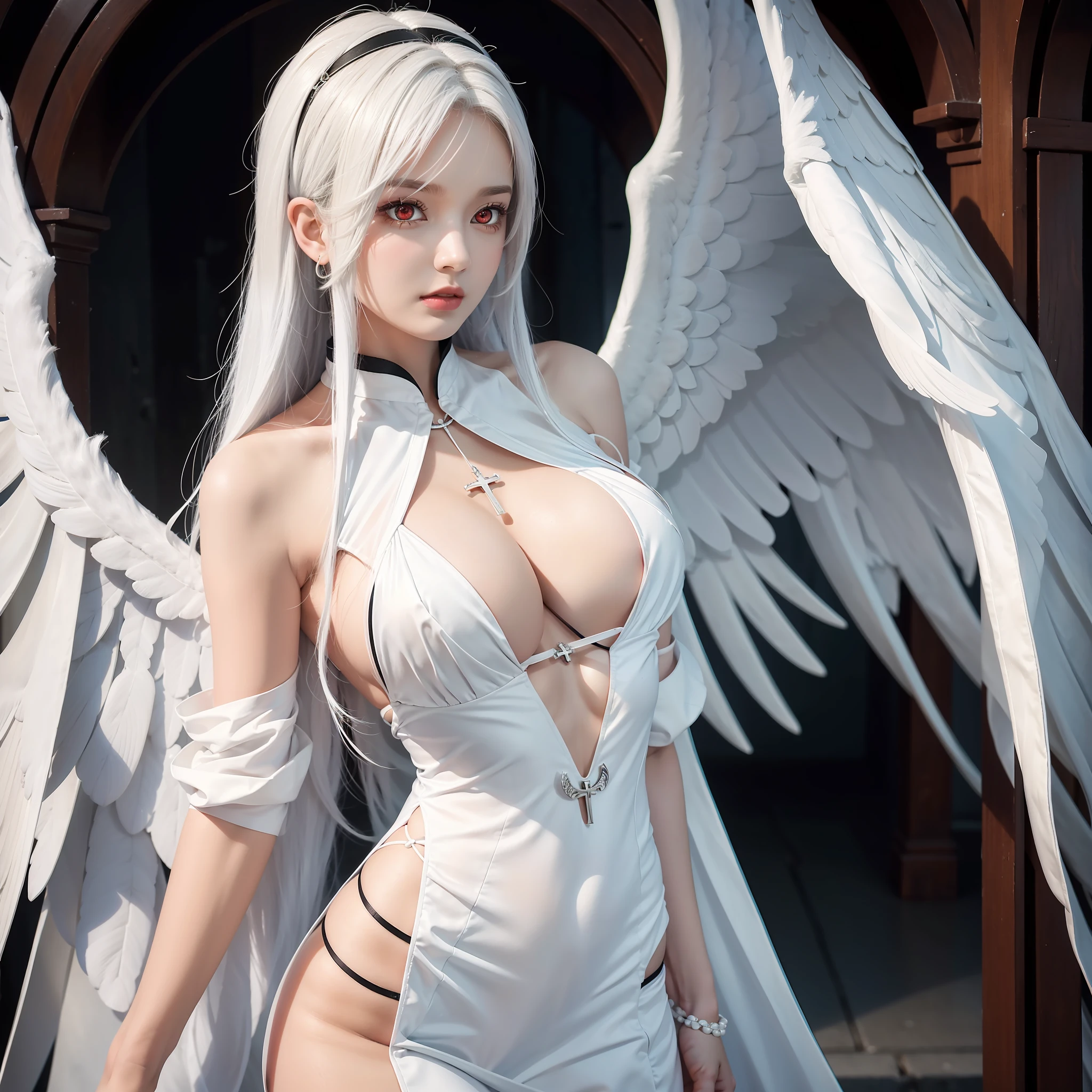 Best Quality, SLR, One Woman (Alathur), Big (1.55), Clear Body Lines, Red Eyes, White Hair, Saint Sister, Big Wings, Cross, Symmetry, Cleavage, Taut Clothes, Half Face