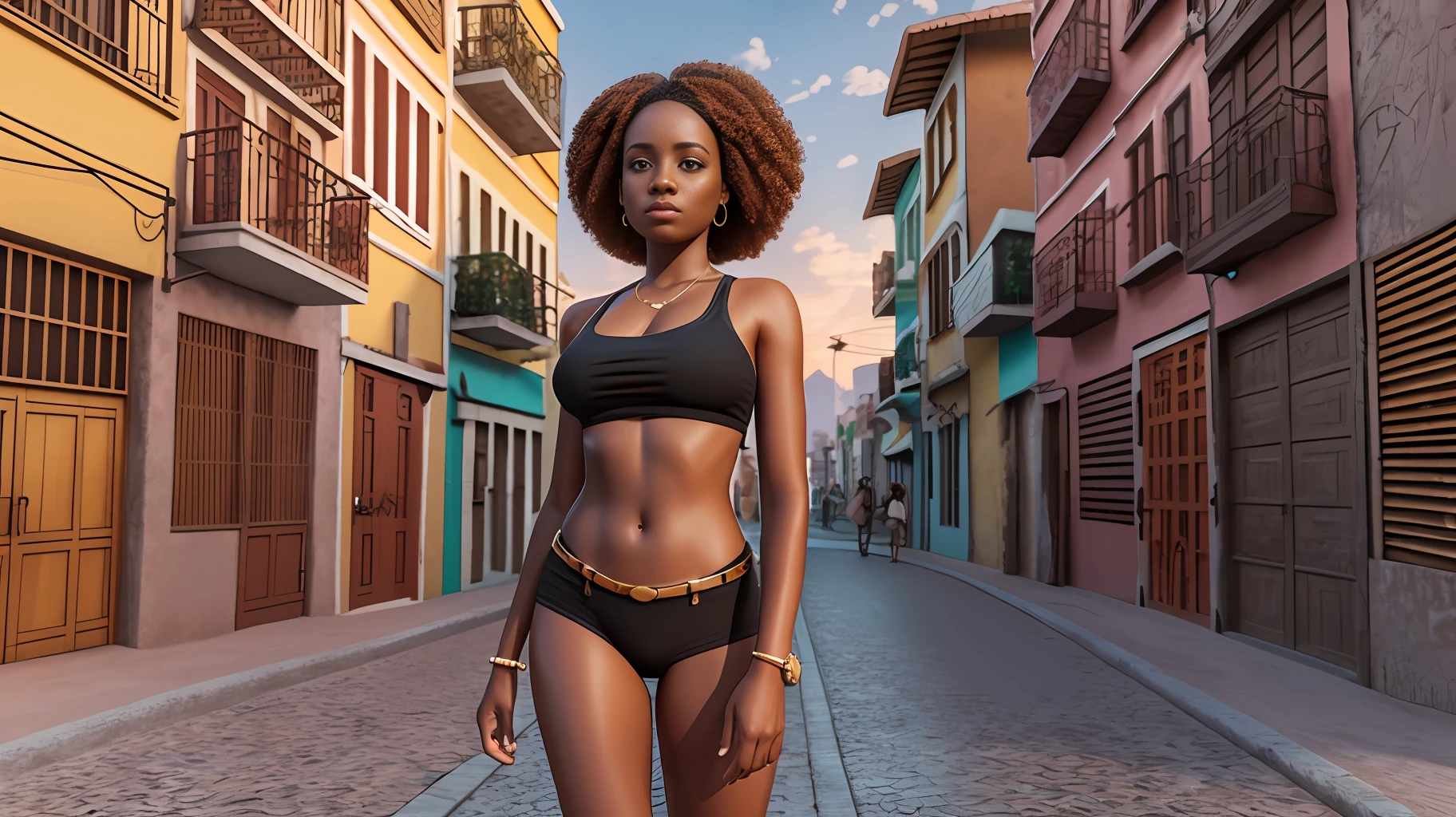 Uma mulher caminhando , ((full body shot)), cgi, dslr, realismo fantástico, city background, casual outfit, bronzepunk, black woman, 3d, cinematográfico, golden hour