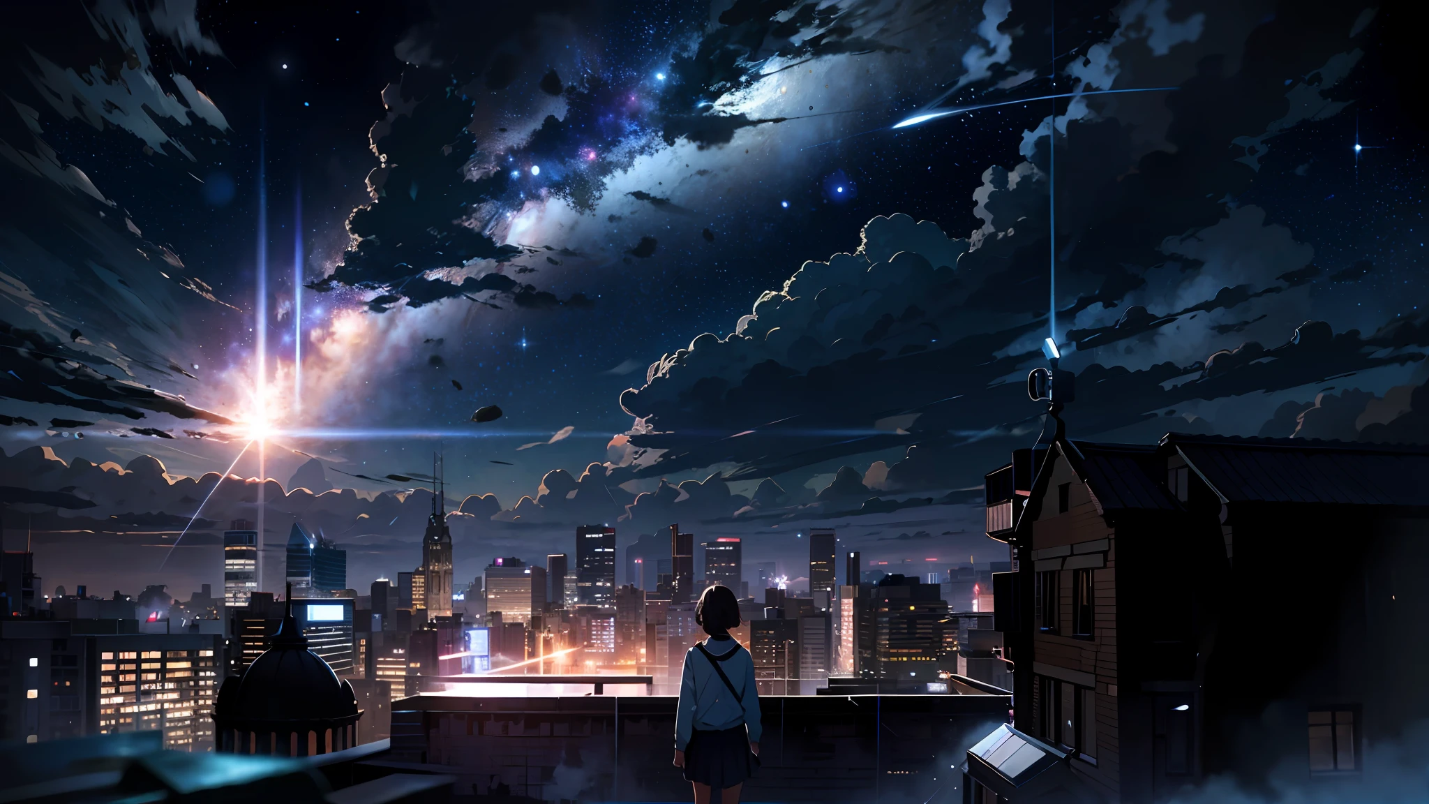 Outrageous resolution, high resolution, (masterpiece: 1.4), super detail, girl, space, floating, night, comet, glass shards, rain, light blue taste, night view, city, --v 6