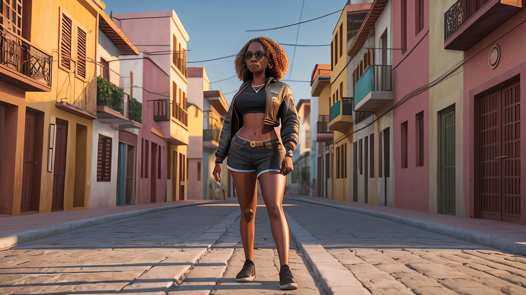 Uma mulher caminhando , ((full body shot)), cgi, dslr, realismo fantástico, city background, casual outfit, bronzepunk, black woman, 3d, cinematográfico, golden hour