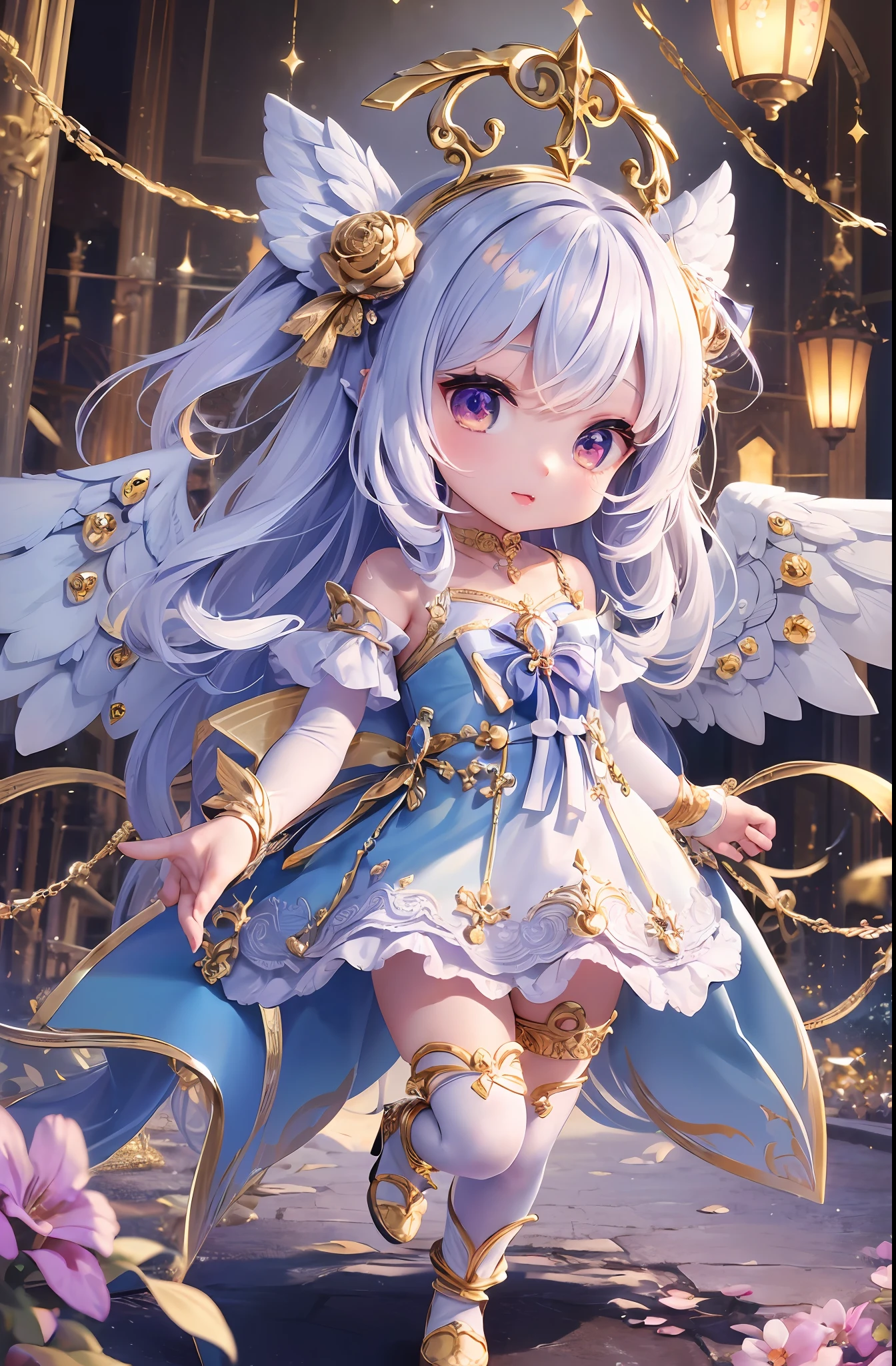 (Chibi: 1.3), (Masterpiece: 1.4), (Best Quality: 1.4), (Very cute angel girl, super detailed face, jewel-like eyes, white very long hair, colorful gradient hair: 1.4), (Angel Ring:
1.4), (Angel Wings: 1.4), (Full body, perfect 2 arms, perfect 2 legs: 1.4), (Perfect 4 fingers: 1 thumb), light, shine, bokeh, super fine