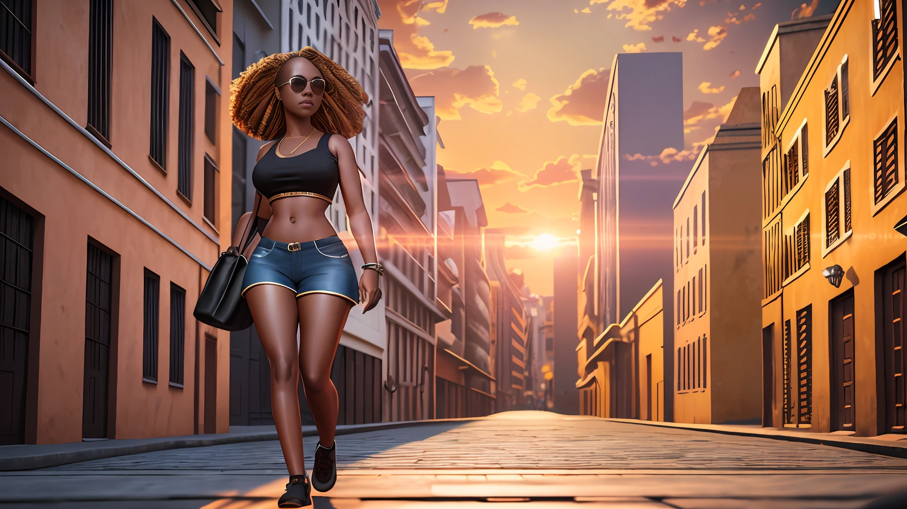 Uma mulher caminhando , ((full body shot)), cgi, dslr, realismo fantástico, city background, casual outfit, bronzepunk, black woman, 3d, cinematográfico, golden hour
