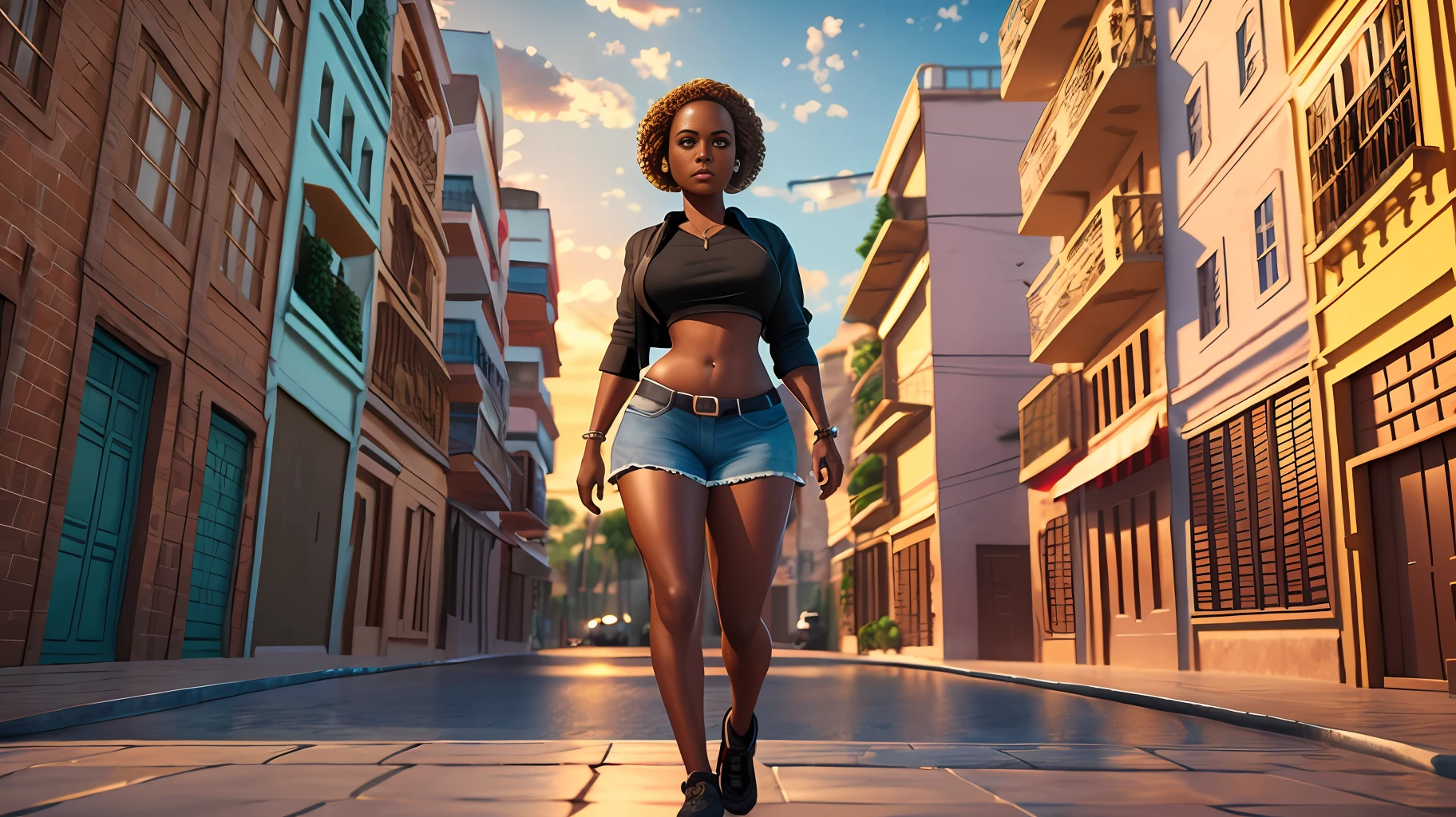 Uma mulher caminhando , ((full body shot)), cgi, dslr, realismo fantástico, city background, casual outfit, bronzepunk, black woman, 3d, cinematográfico, golden hour