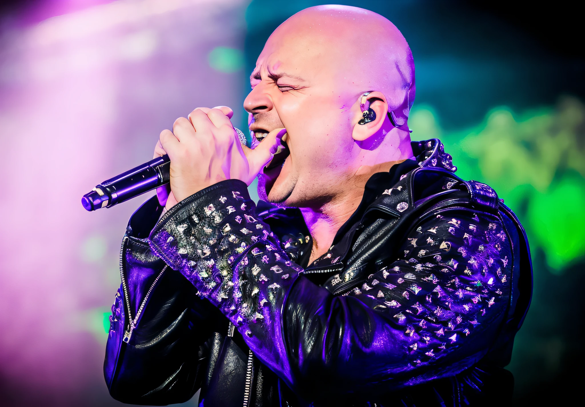 arafed man in leather jacket singing into microphone on stage, disturbed, hq print, carl gustav, concert photography, live concert photography, kieth thomsen, vocalist, by Anato Finnstark, concert photo, by Johan Lundbye, february), by Ejnar Nielsen, tarmo juhola, a bald, infected mushroom, screaming in agony