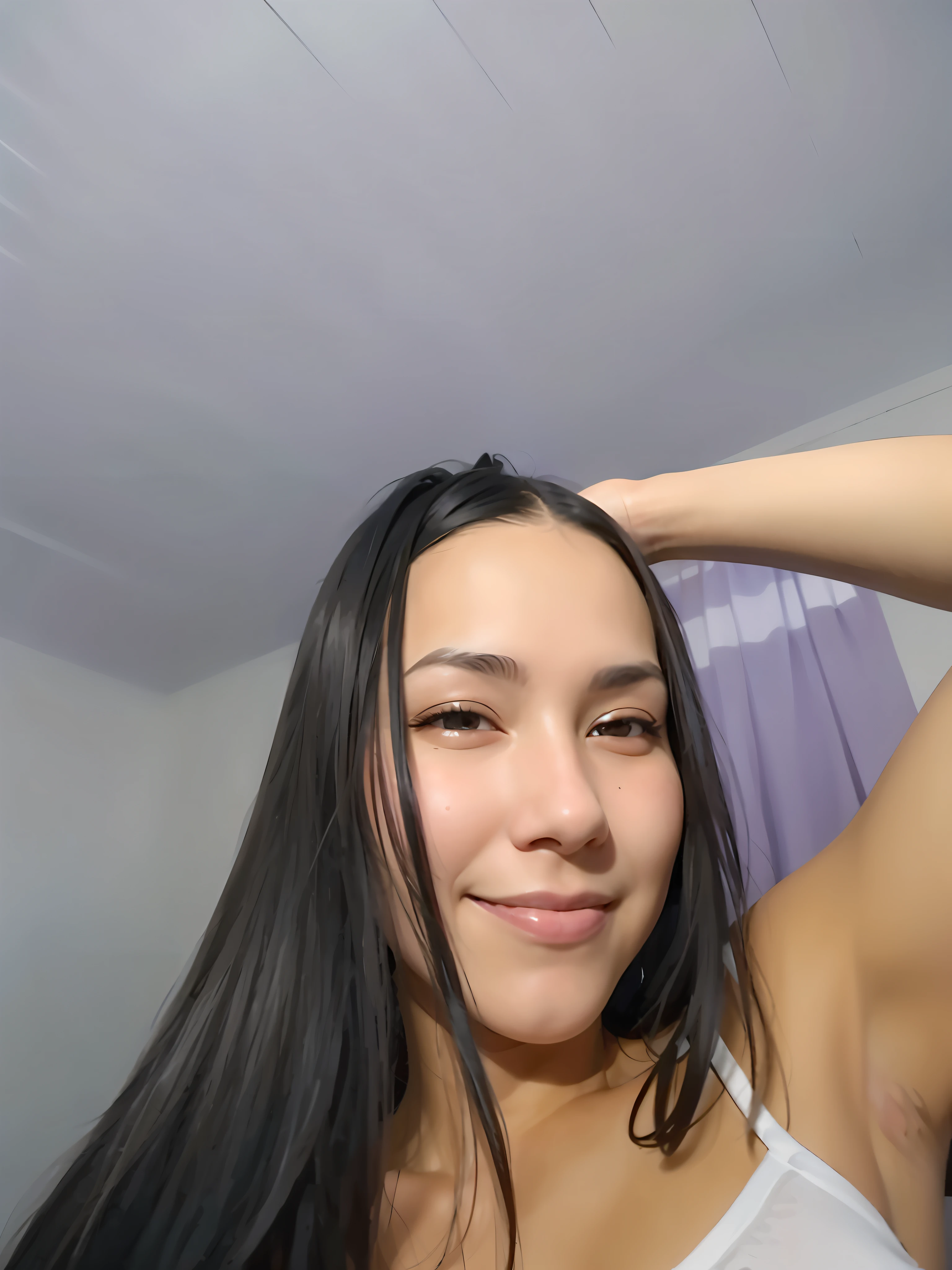 Arafed woman with long black hair and white tank top, ayahausca, showing her face, front photo, she is facing the camera, beautiful latin face, with straight black hair, sexy face, satisfied pose, she is smiling and excited, big smile on her face, angelawhite, 18 years old, sexy look for the camera, realistic